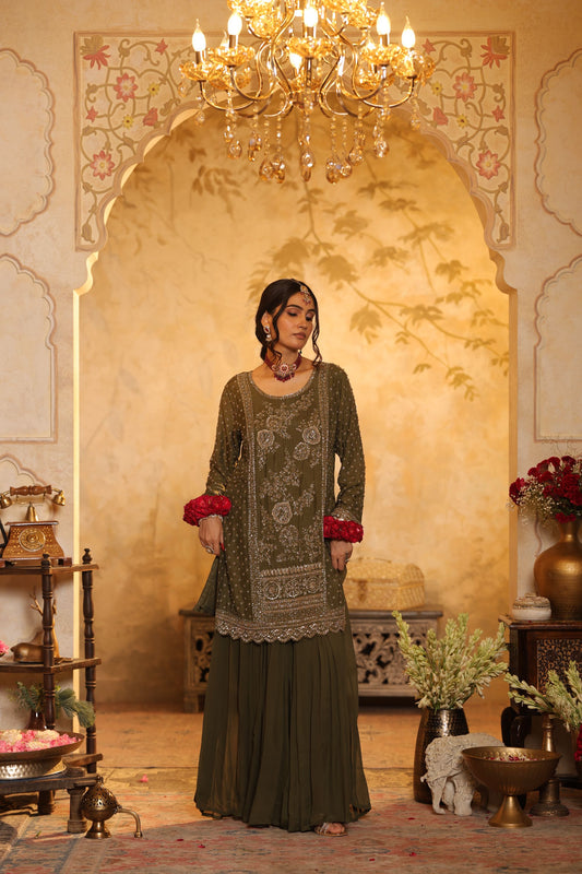 Green Cutdana Embroidered Sharara Kurti Set