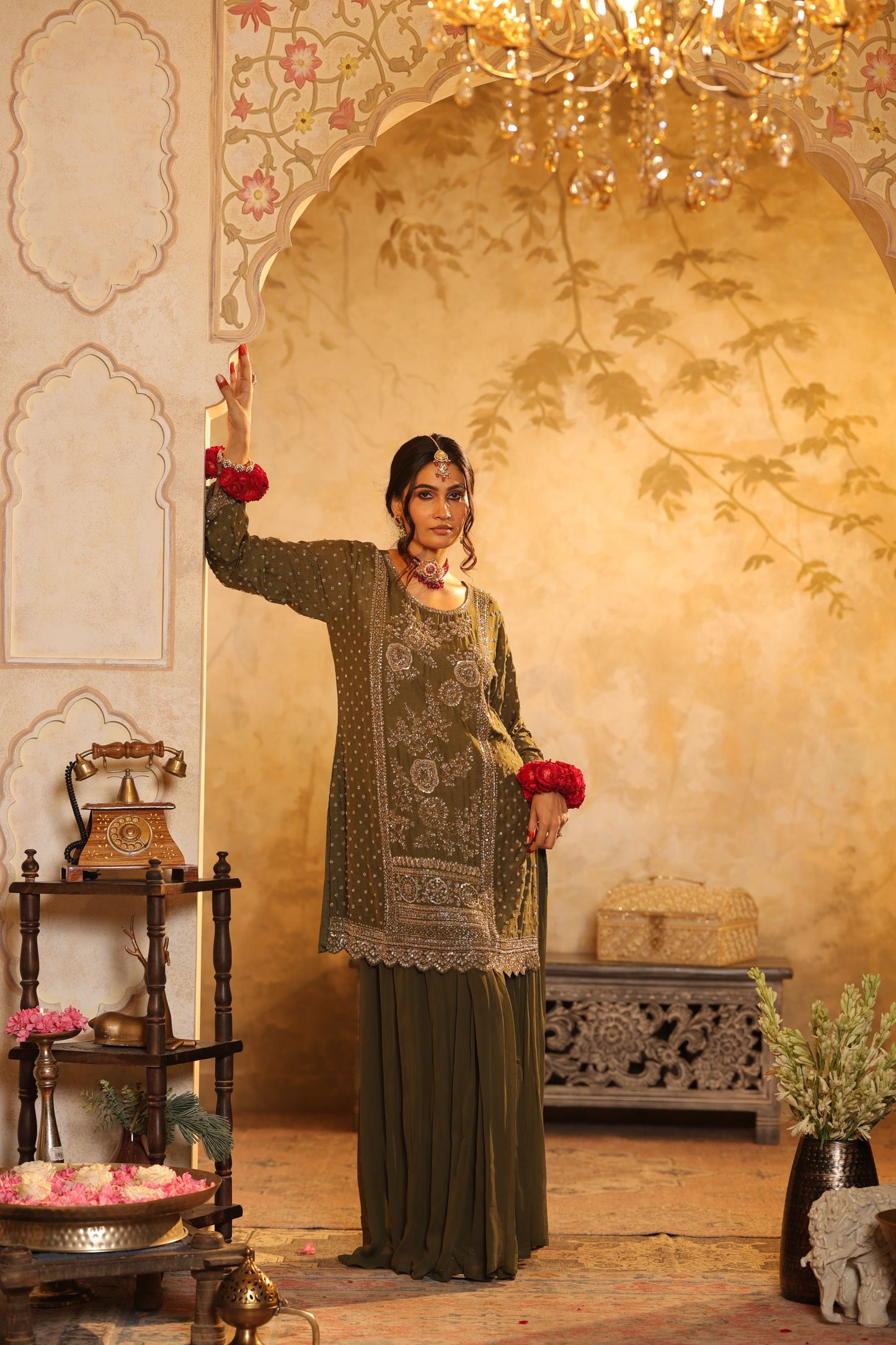 Green Cutdana Embroidered Sharara Kurti Set