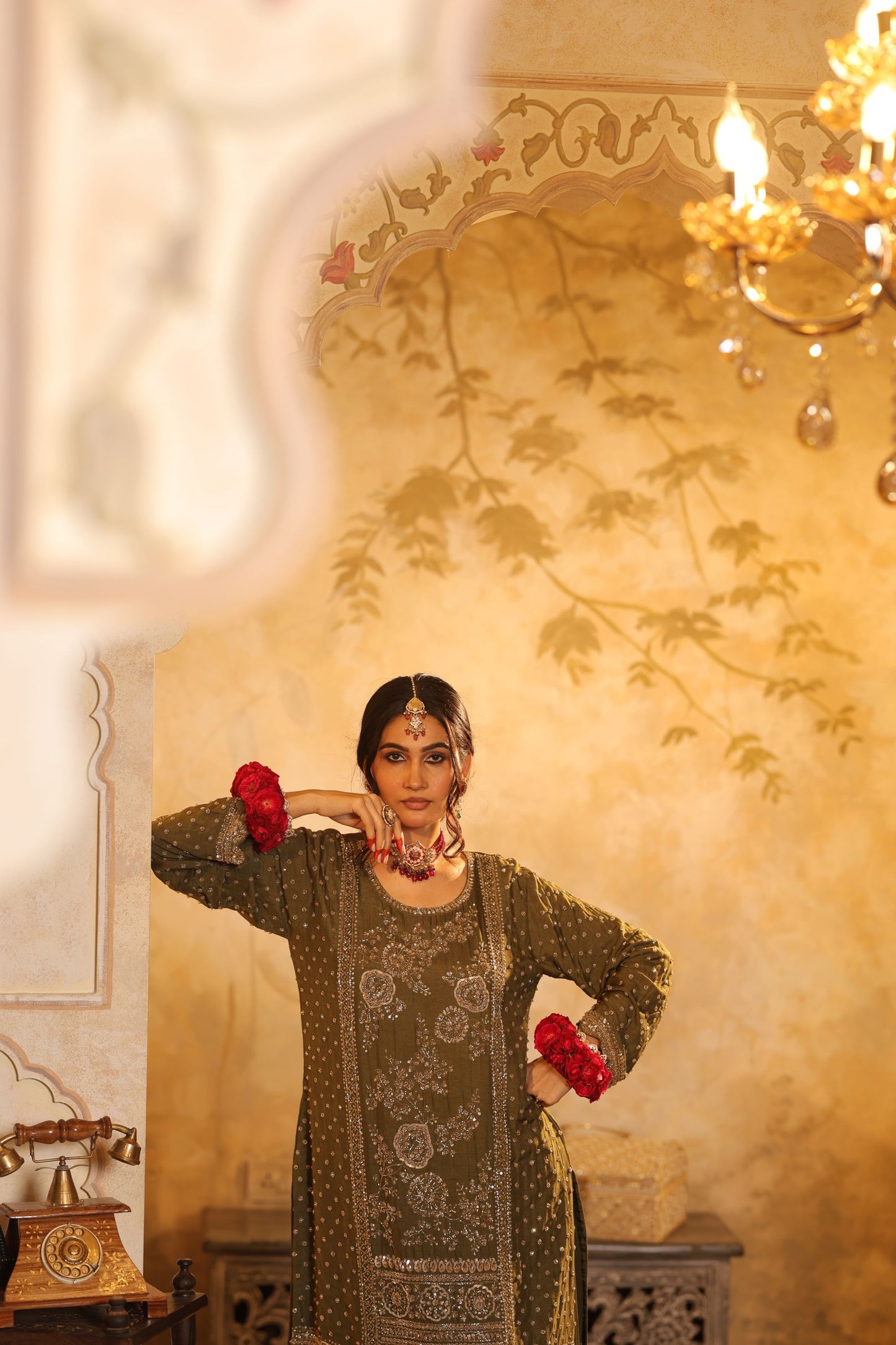 Green Cutdana Embroidered Sharara Kurti Set