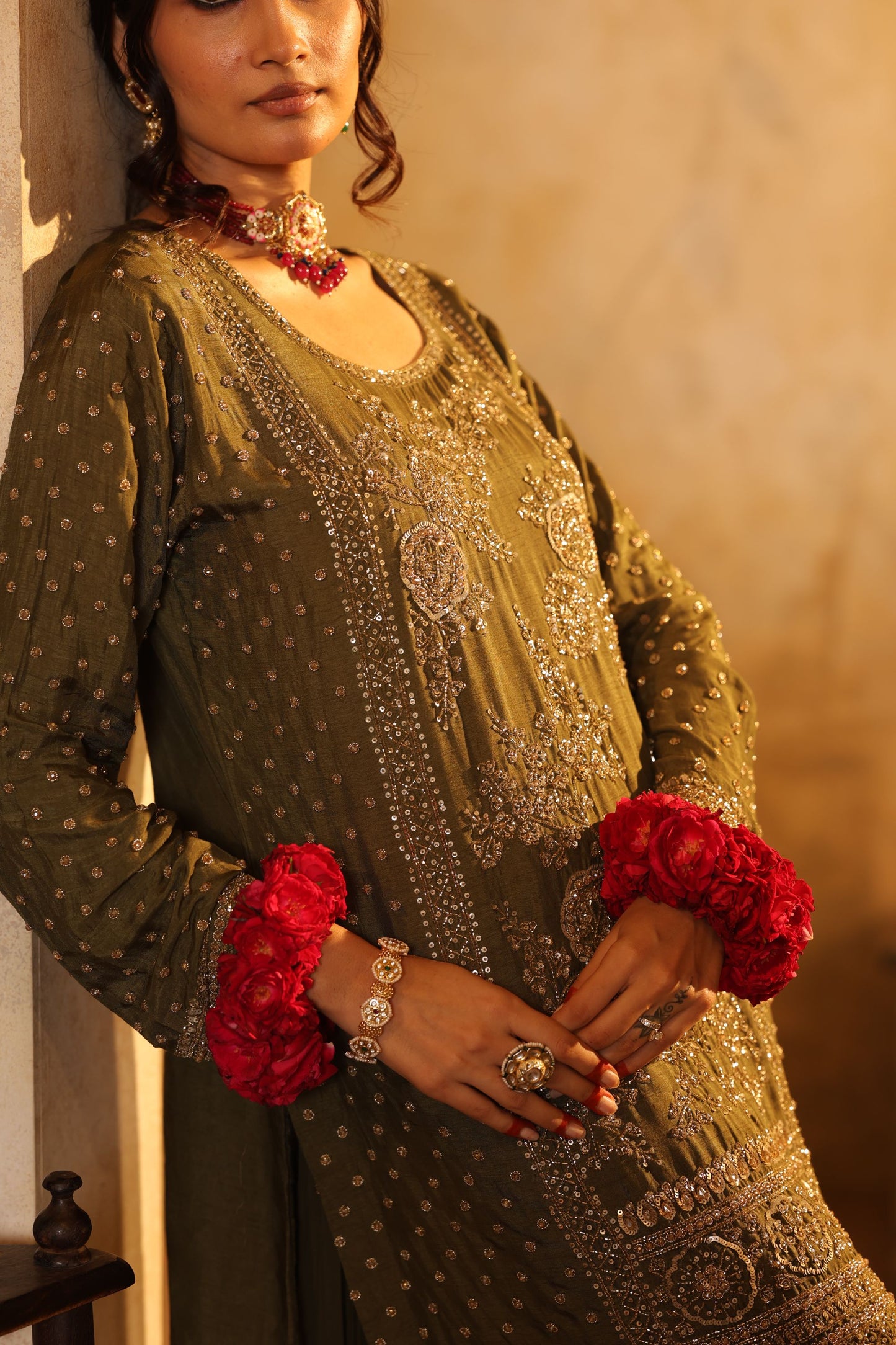 Green Cutdana Embroidered Sharara Kurti Set