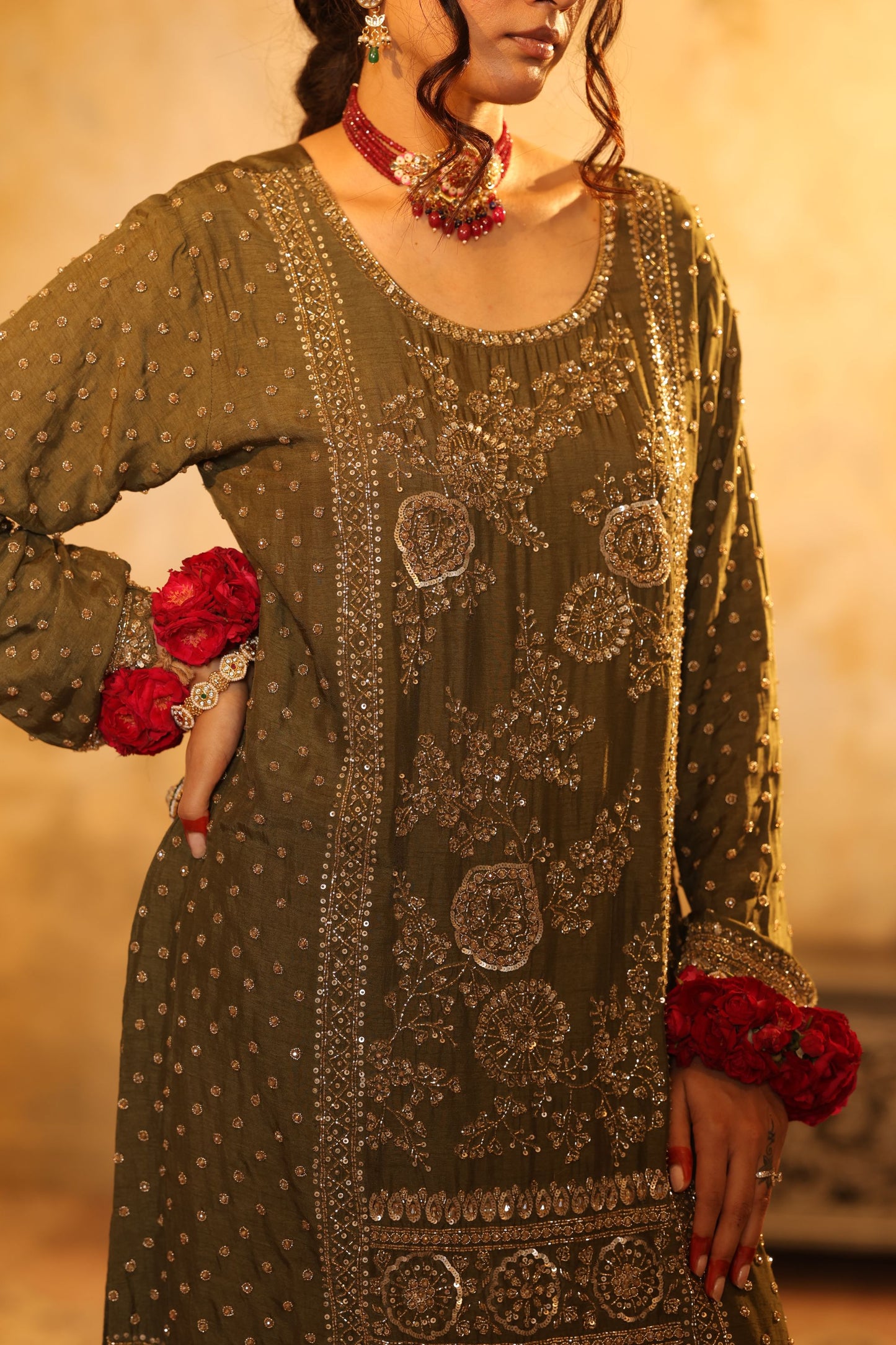 Green Cutdana Embroidered Sharara Kurti Set