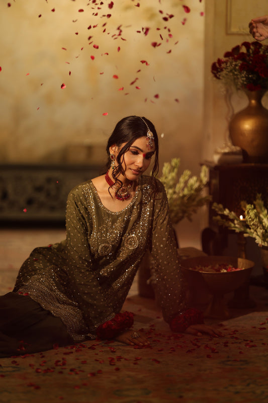 Green Cutdana Embroidered Sharara Kurti Set