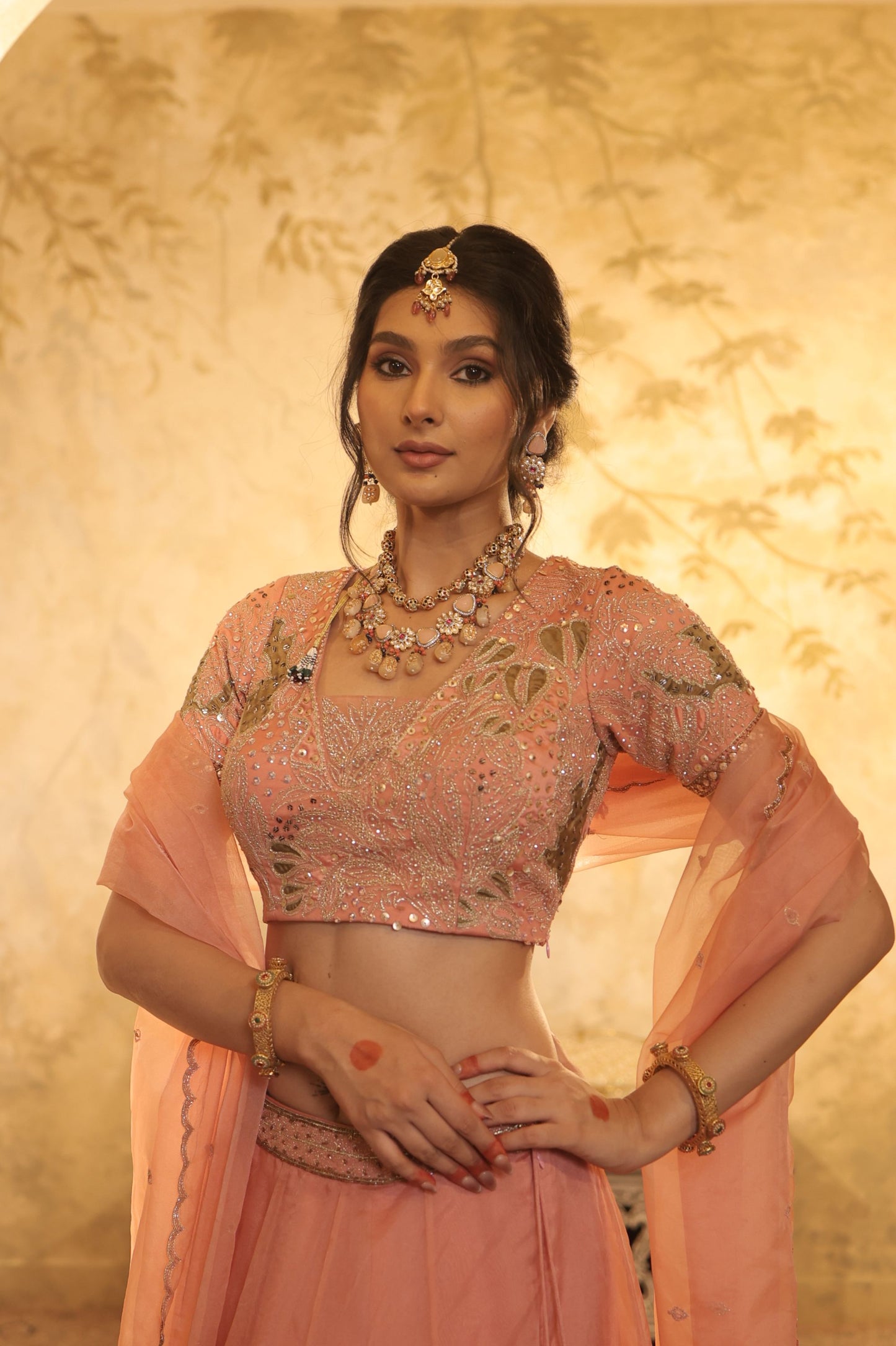 Heavy Zari And Sequin Embroidery With Floral And Leaf Motifs