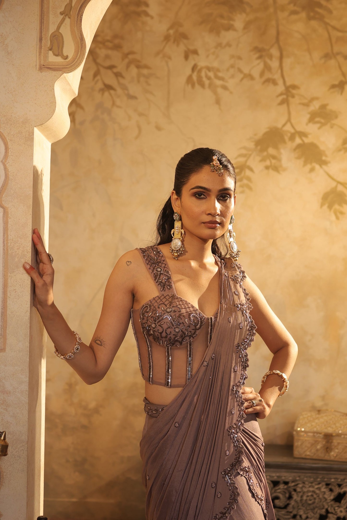 Tonal Bead And Sequin Detailing With Draping