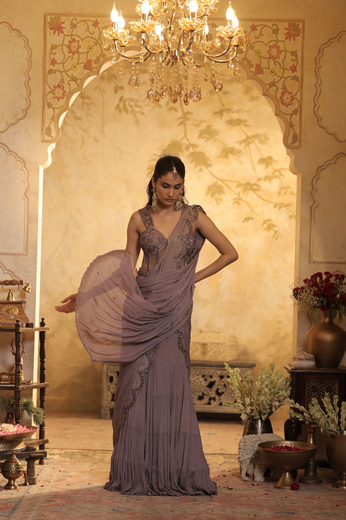 Tonal Bead And Sequin Detailing With Draping