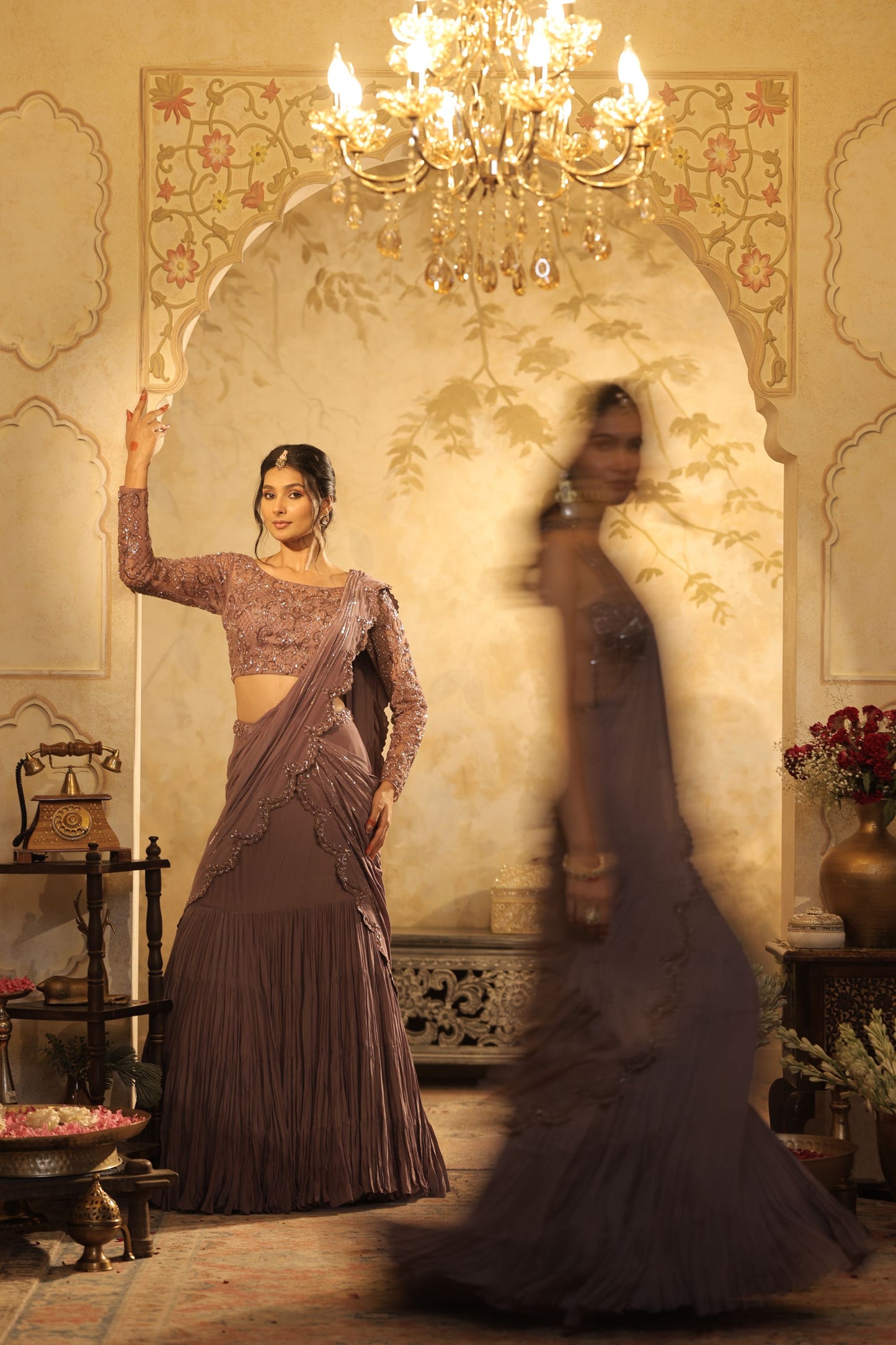 Flowing, Pleated Saree-Style Gown