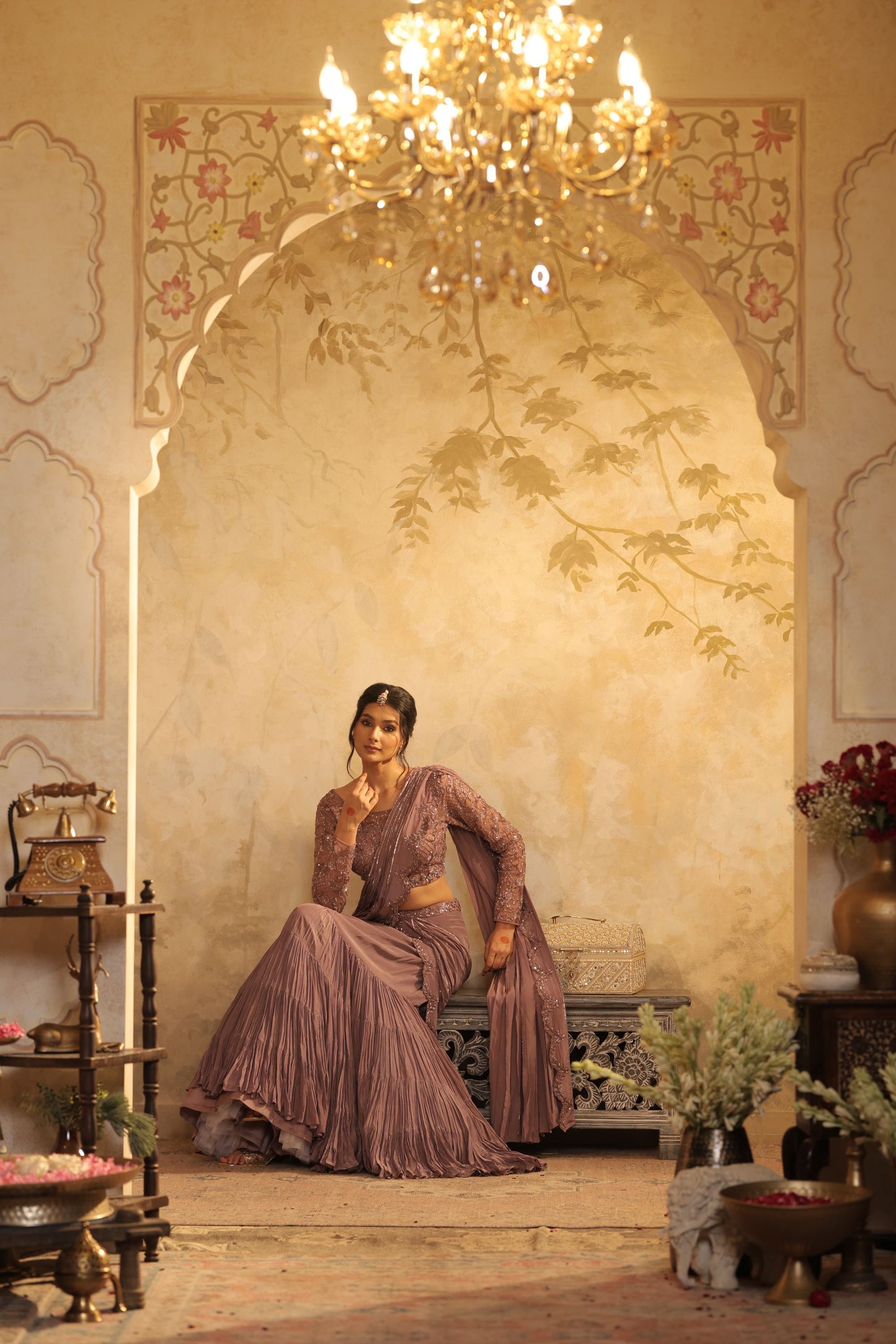 Flowing, Pleated Saree-Style Gown