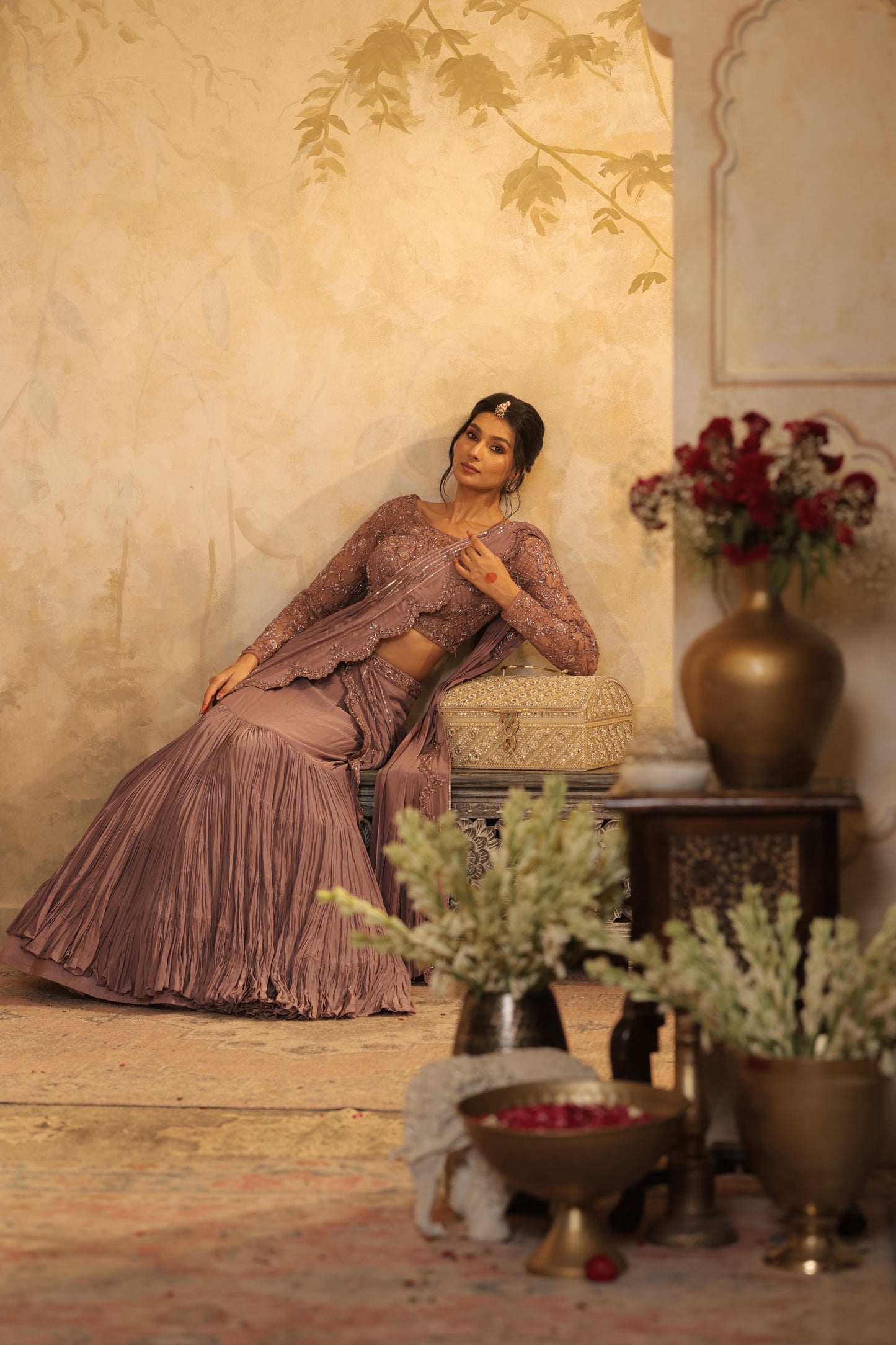 Flowing, Pleated Saree-Style Gown