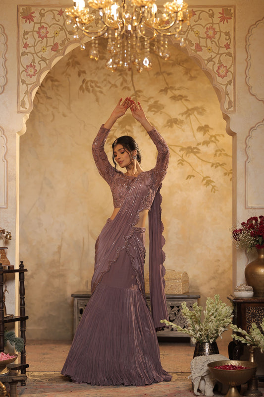Flowing, Pleated Saree-Style Gown