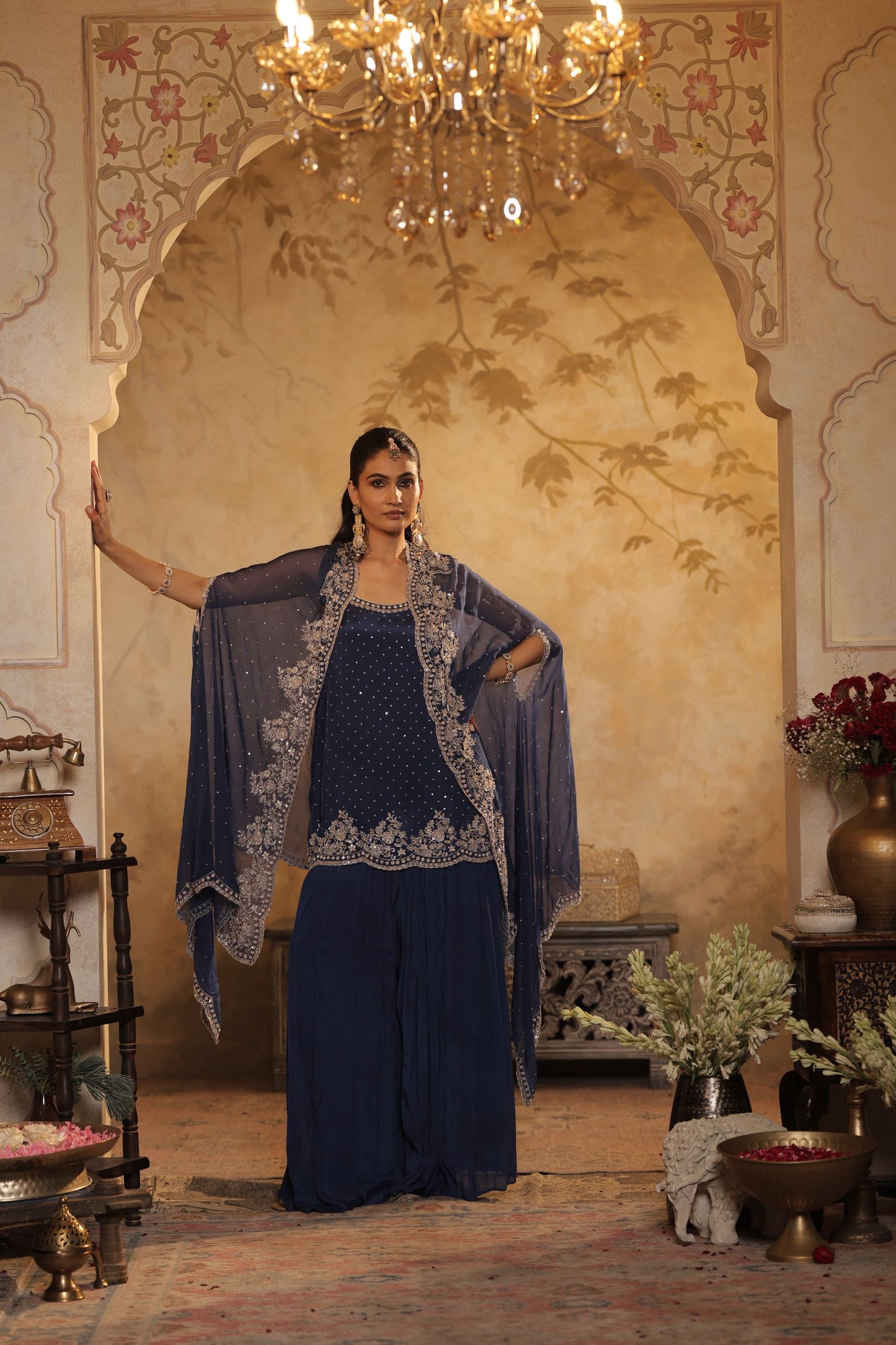 Navy-Blue Kurti Set With Ornate Borders