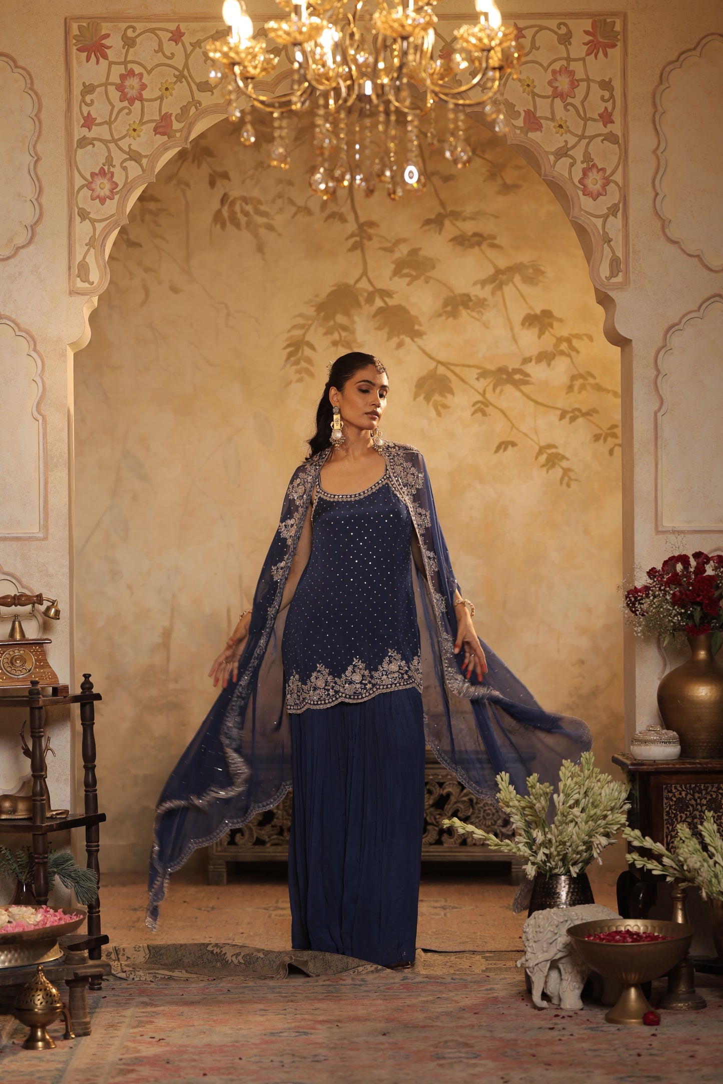 Navy-Blue Kurti Set With Ornate Borders