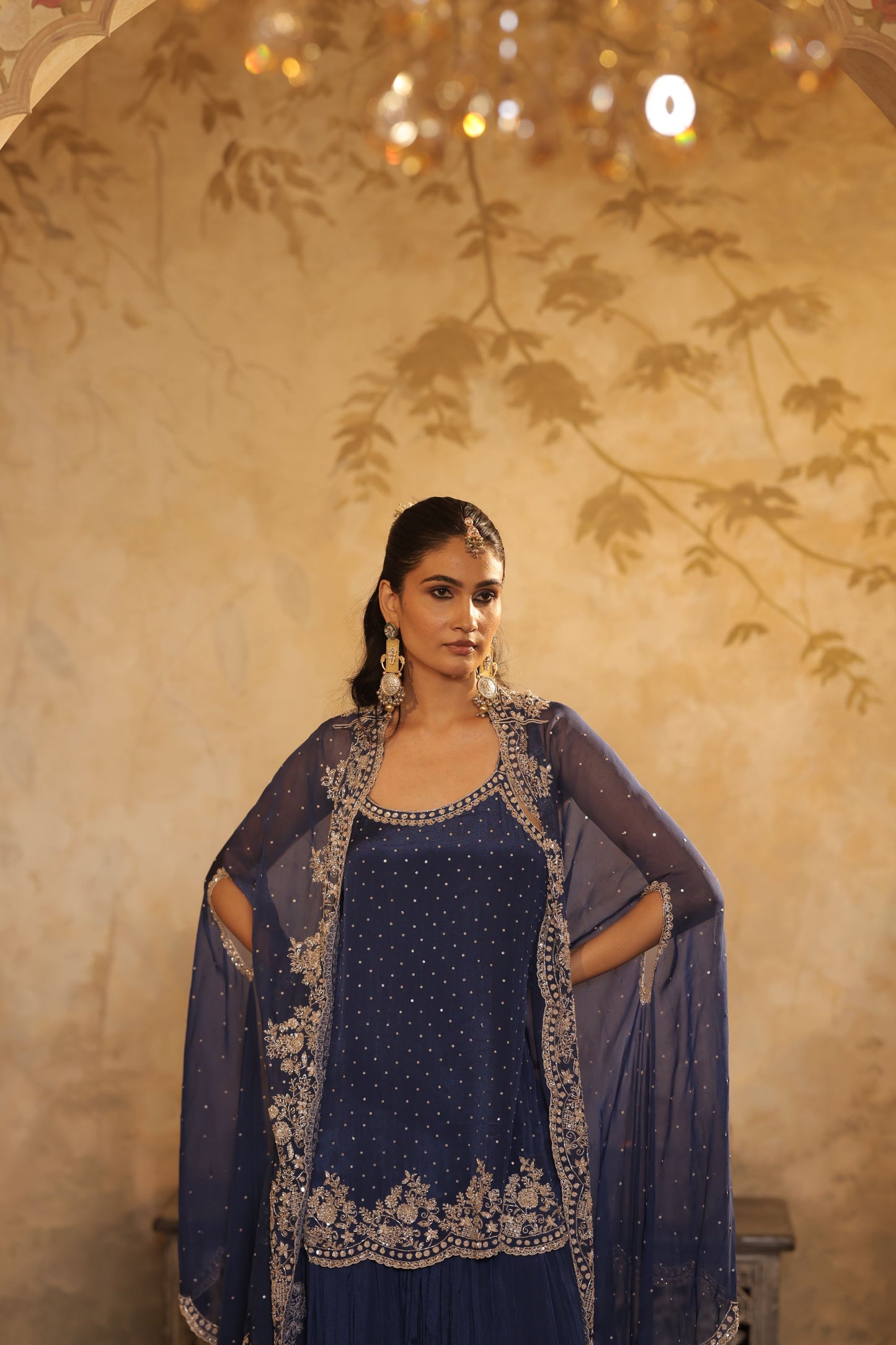 Navy-Blue Kurti Set With Ornate Borders