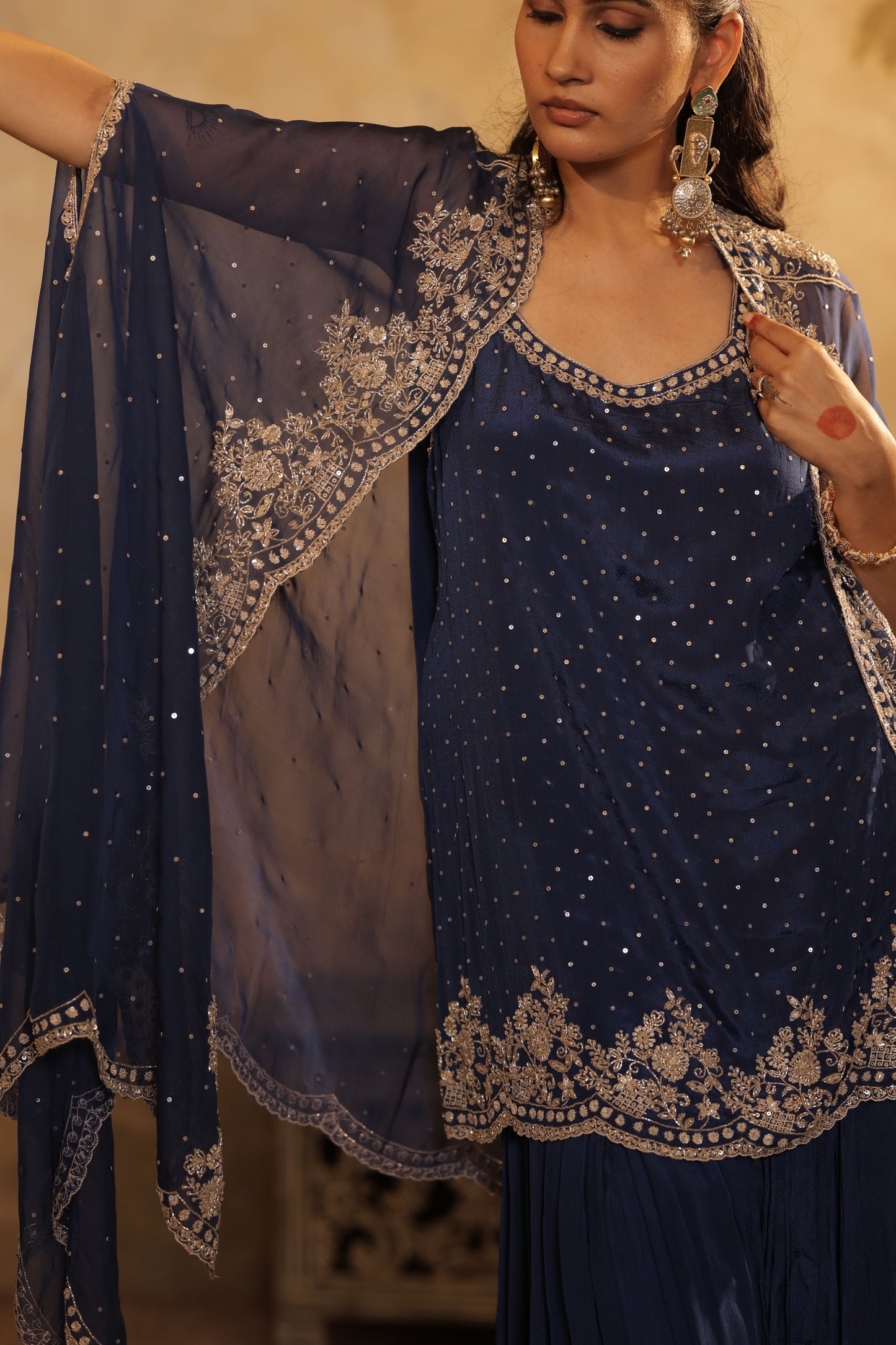 Navy-Blue Kurti Set With Ornate Borders