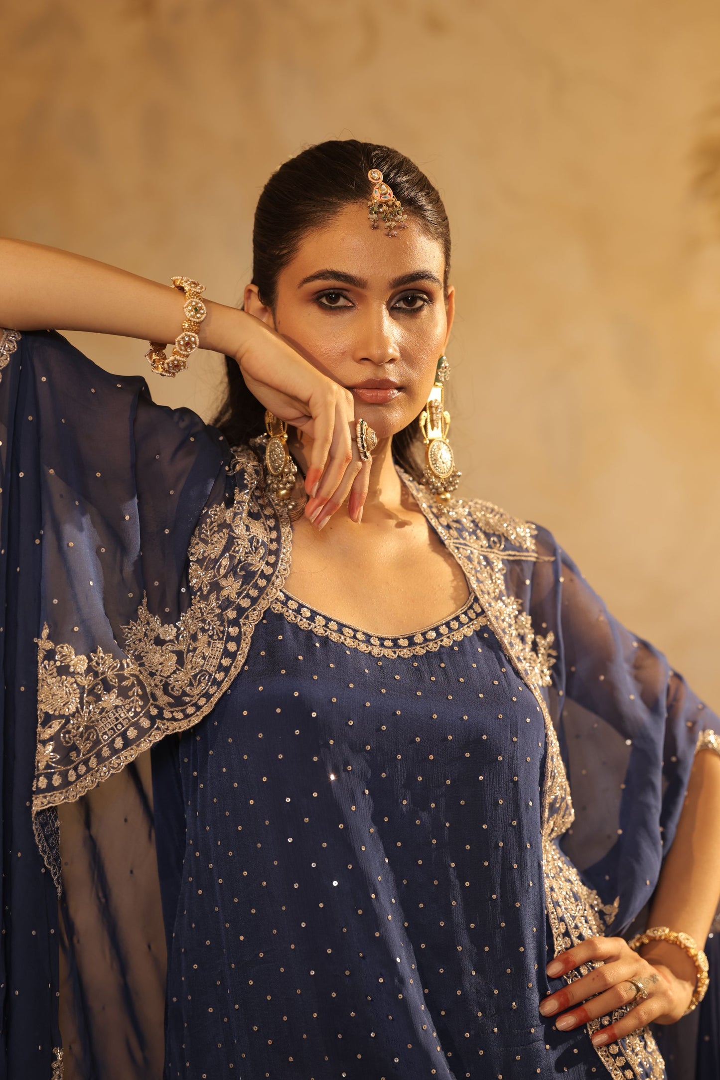Navy-Blue Kurti Set With Ornate Borders