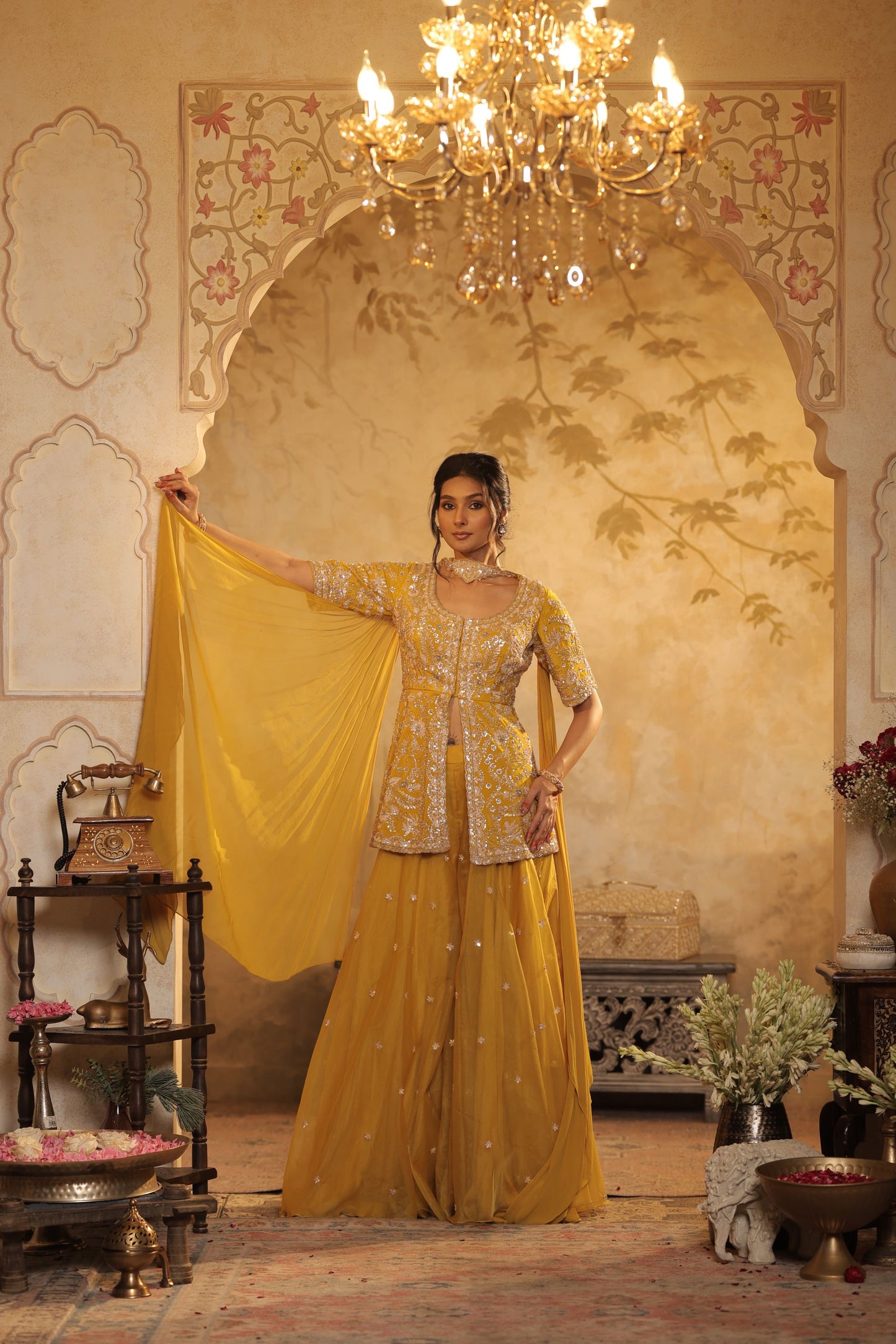 Yellow Cutdana And Sequin Embroidered Sharara Set