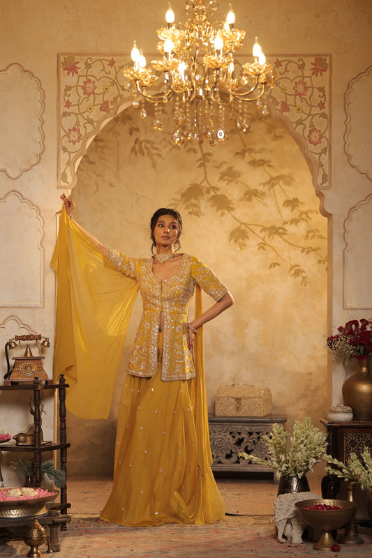 Yellow Cutdana And Sequin Embroidered Sharara Set