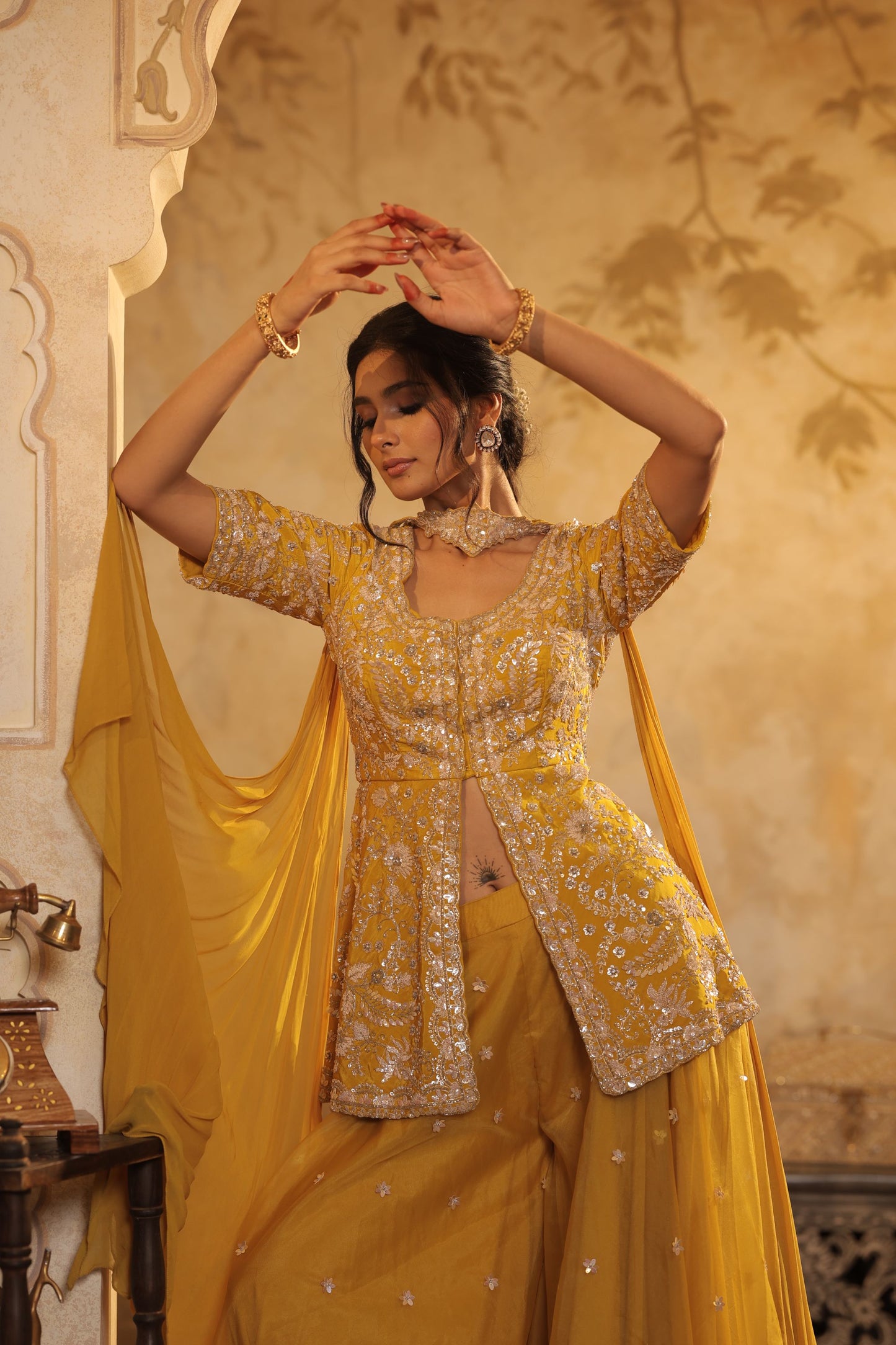 Yellow Cutdana And Sequin Embroidered Sharara Set