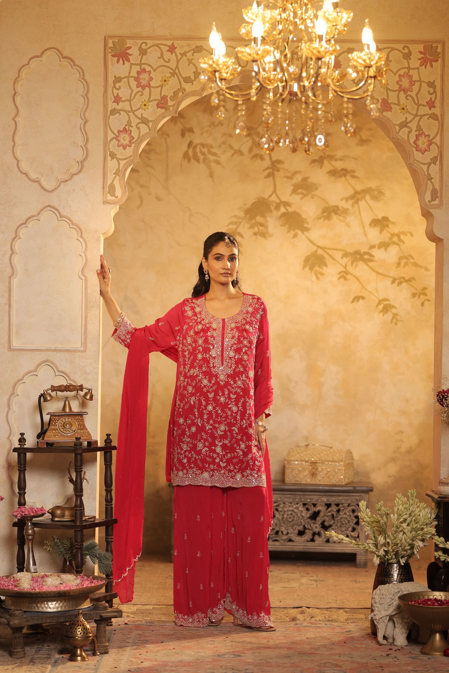 Rani Pink Zari Thread Kurti Set