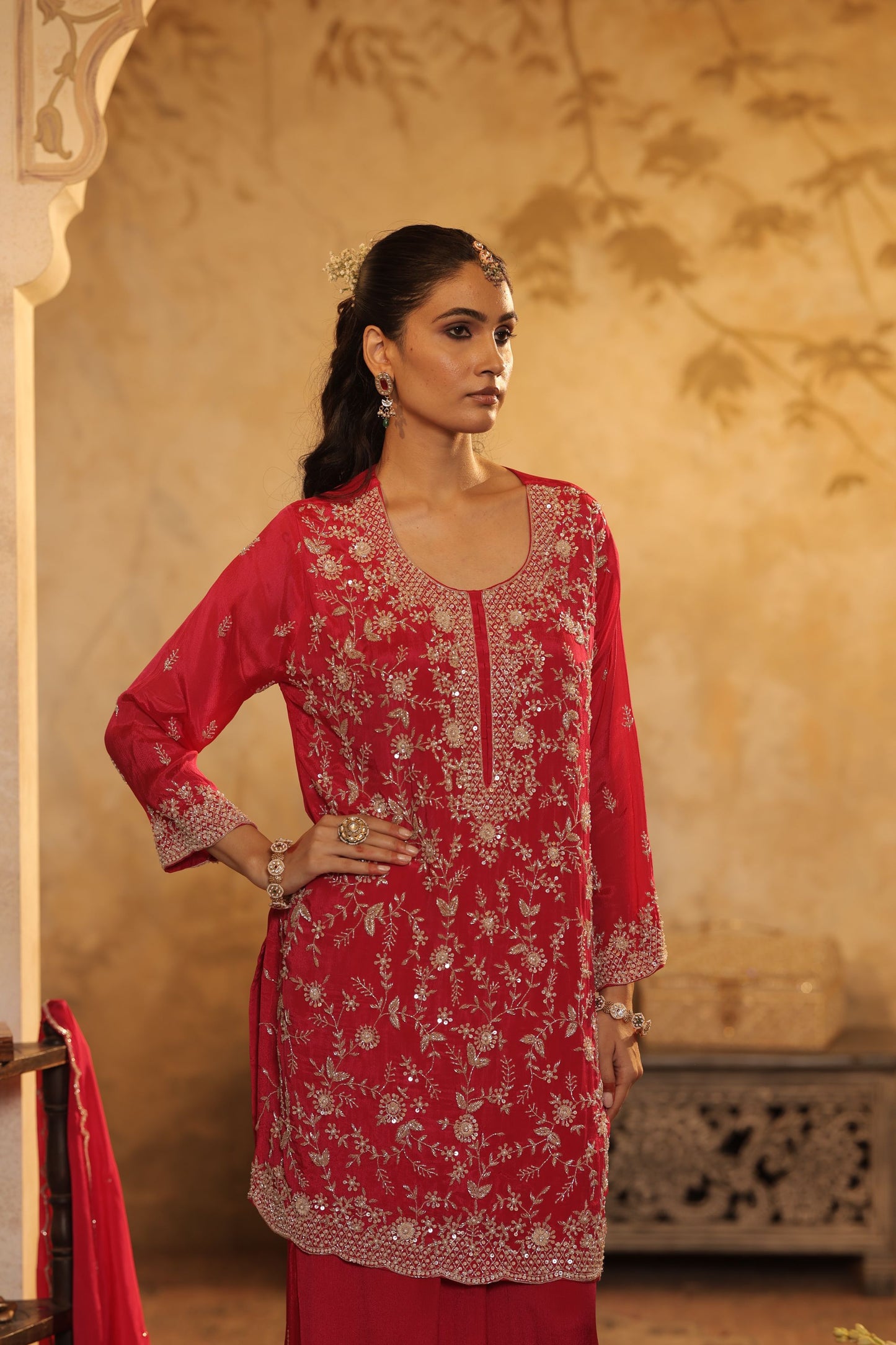 Rani Pink Zari Thread Kurti Set