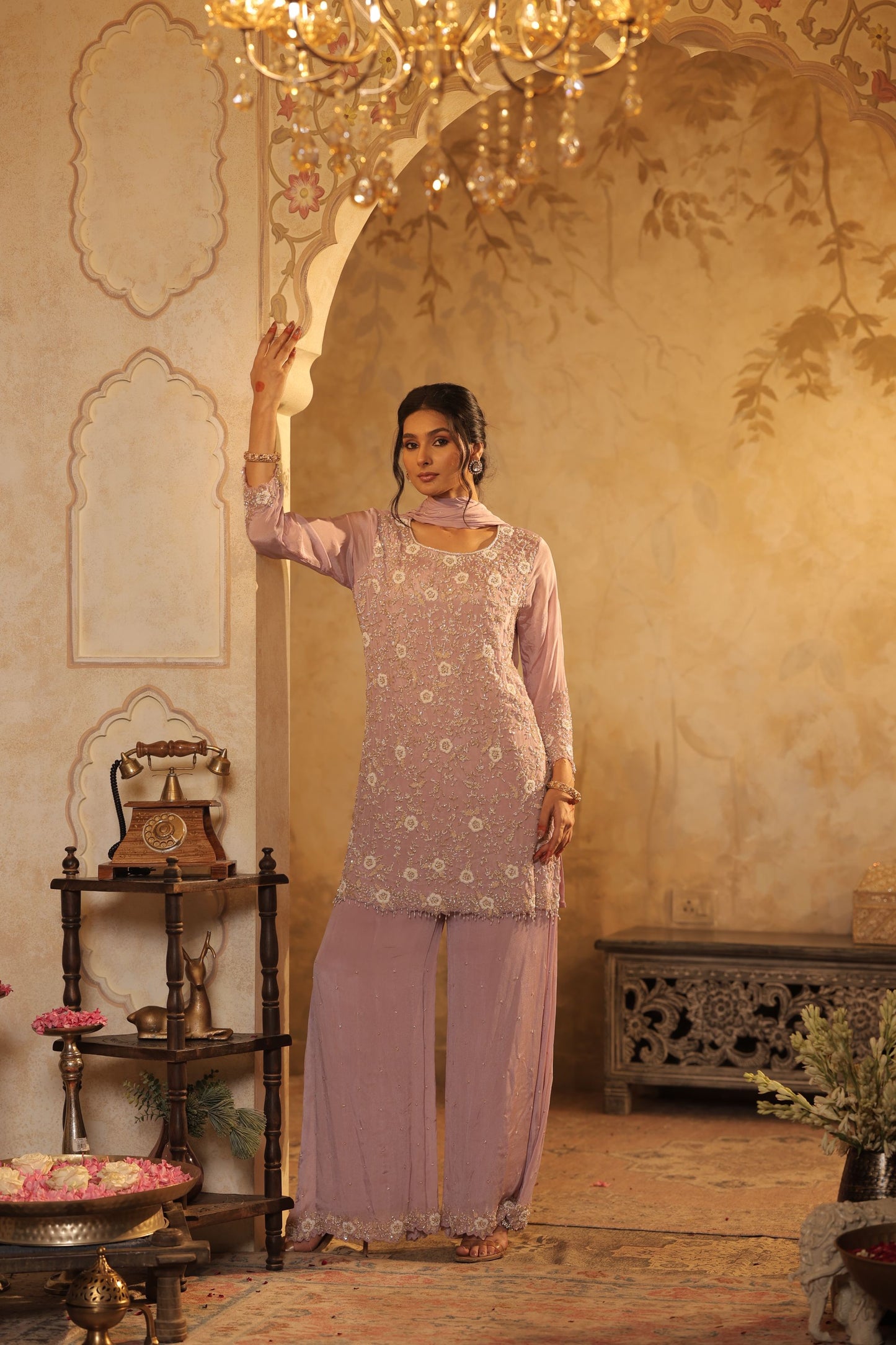 Lavender Floral Sequin Kurti Set