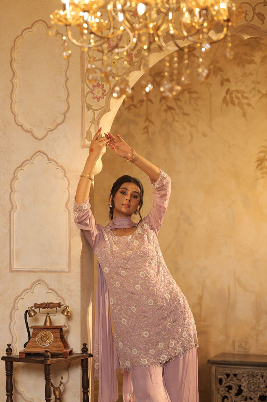 Lavender Floral Sequin Kurti Set