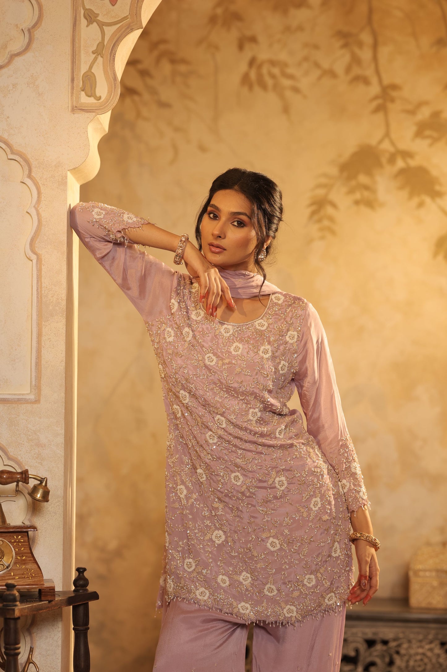 Lavender Floral Sequin Kurti Set