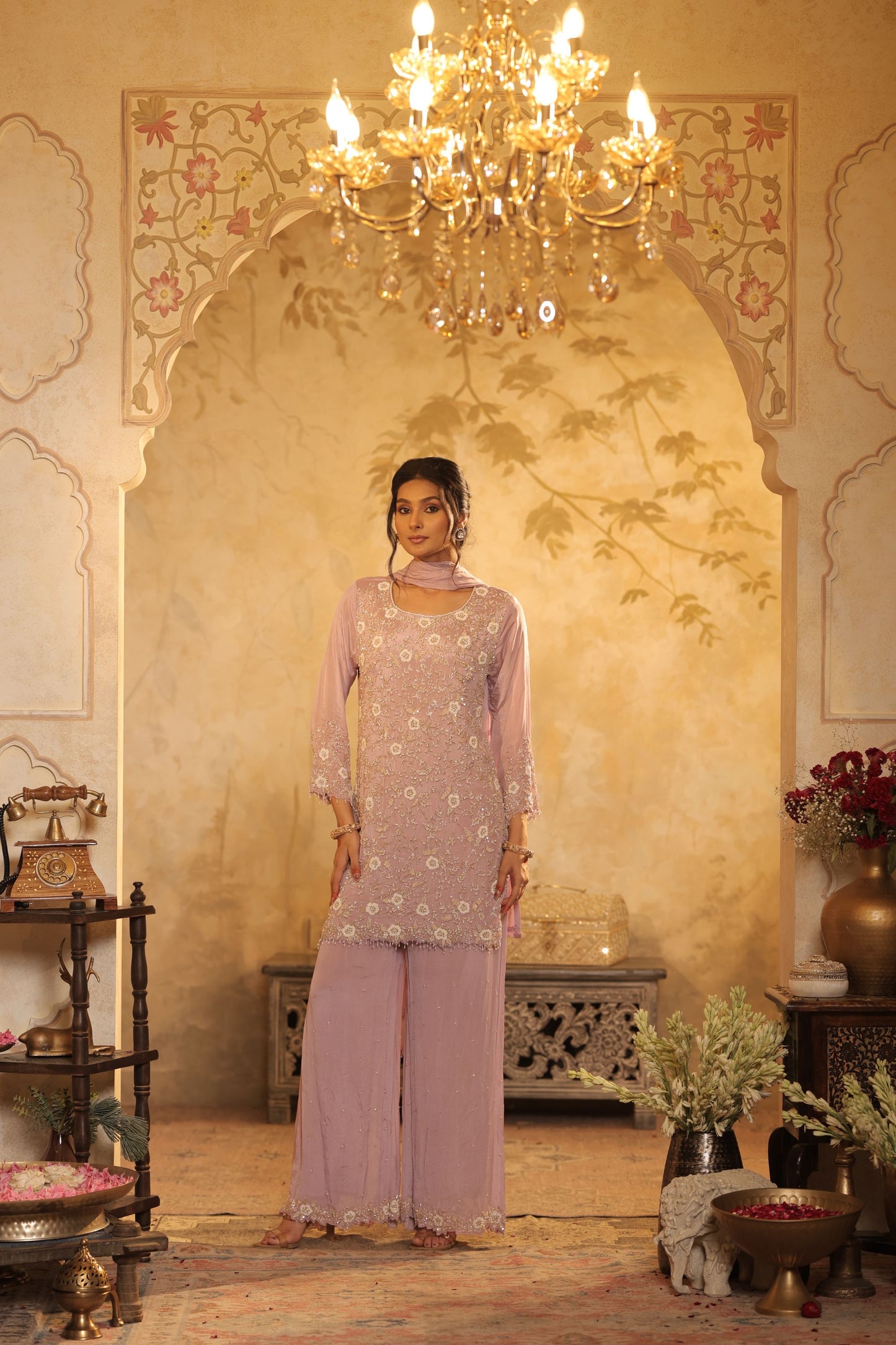 Lavender Floral Sequin Kurti Set