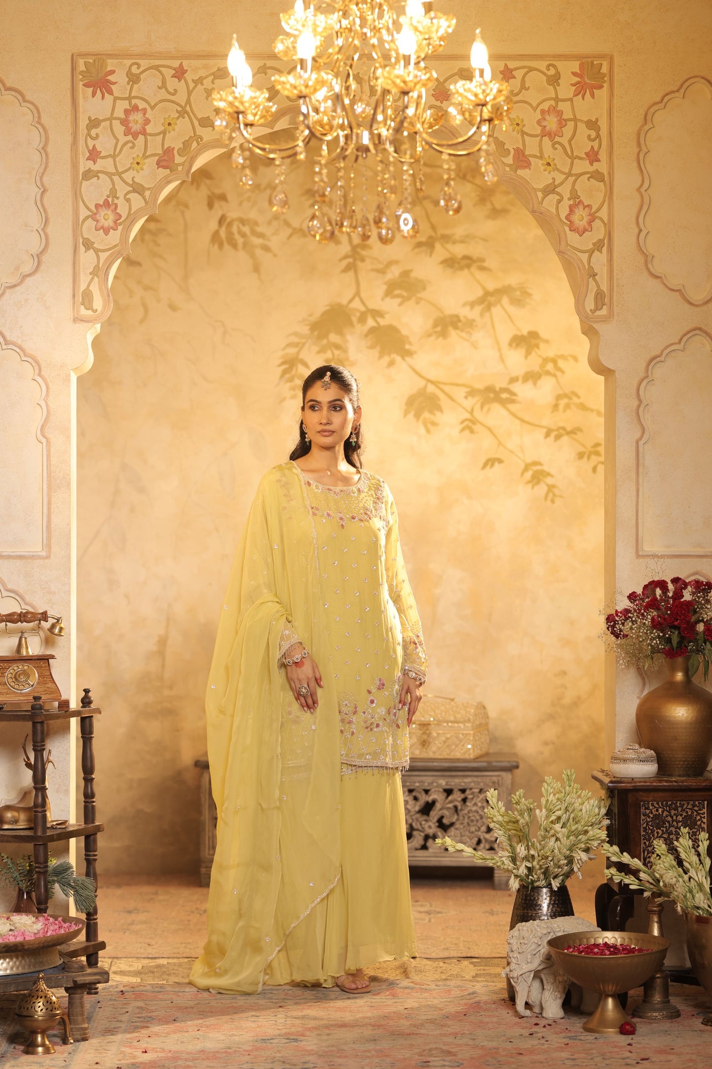 Yellow Motifs Cutdana Sharara Kurti Set
