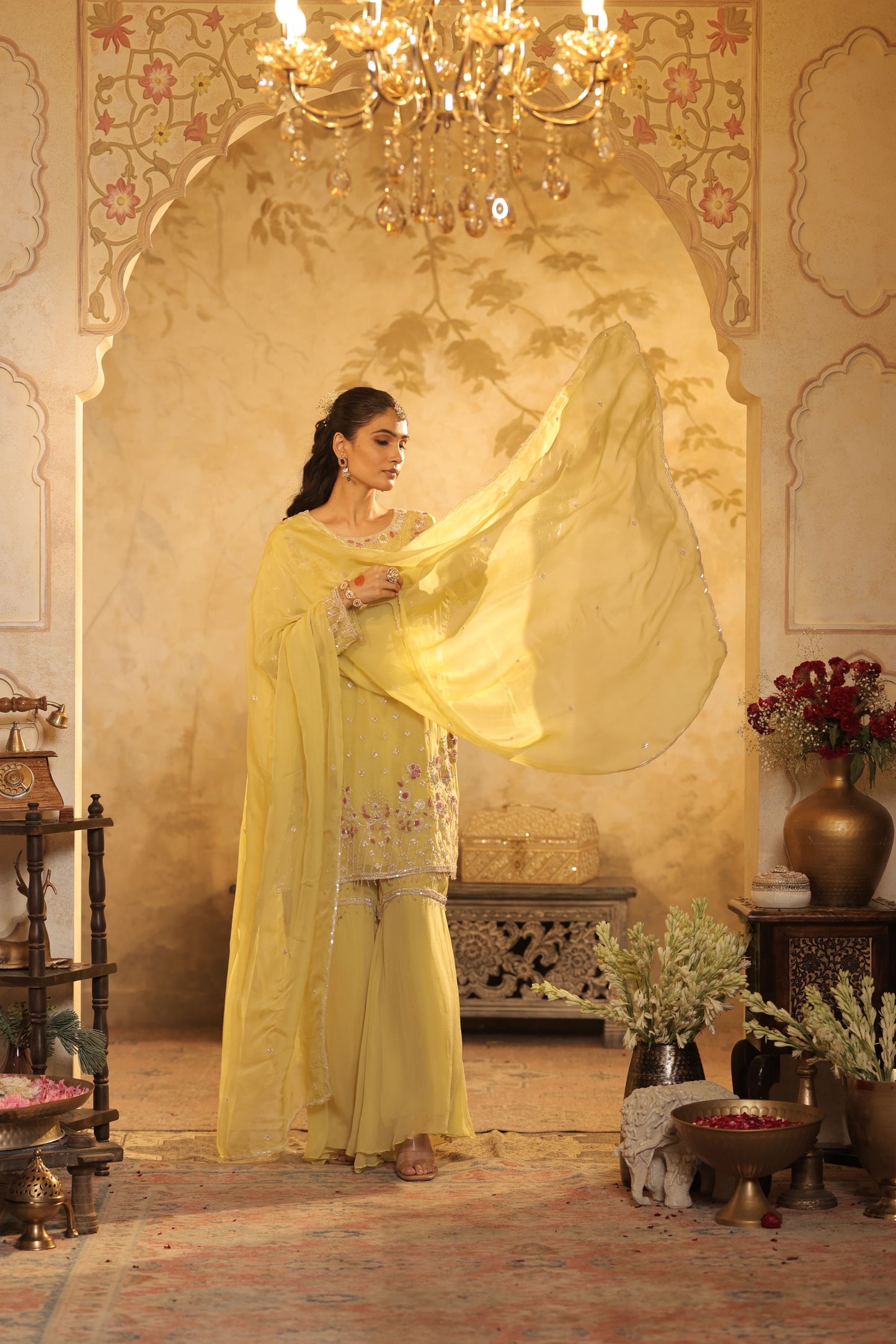 Yellow Motifs Cutdana Sharara Kurti Set