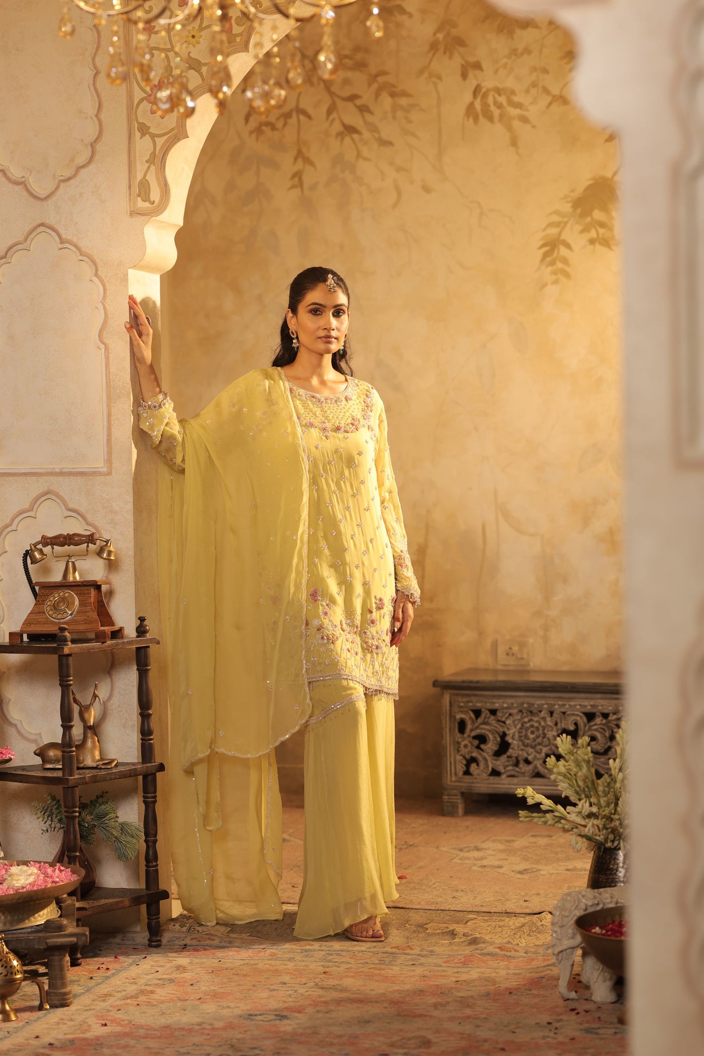 Yellow Motifs Cutdana Sharara Kurti Set