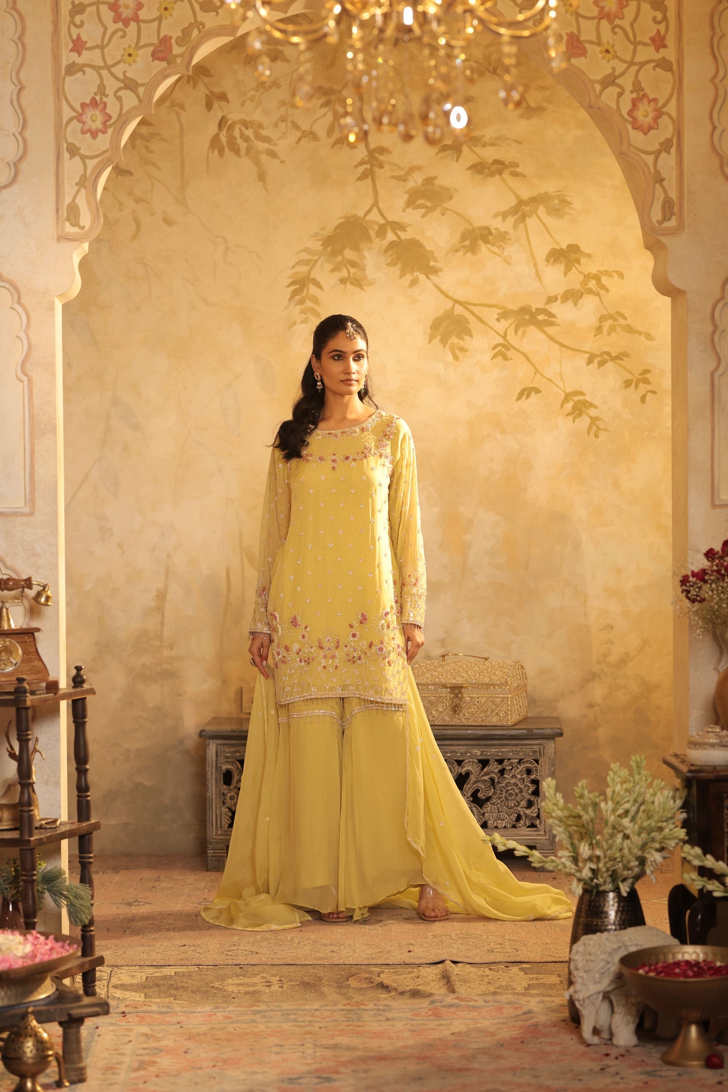 Yellow Motifs Cutdana Sharara Kurti Set