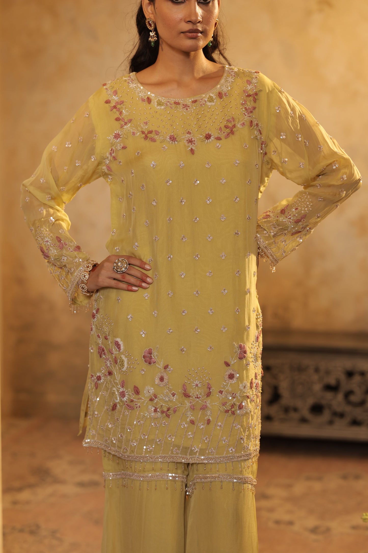 Yellow Motifs Cutdana Sharara Kurti Set