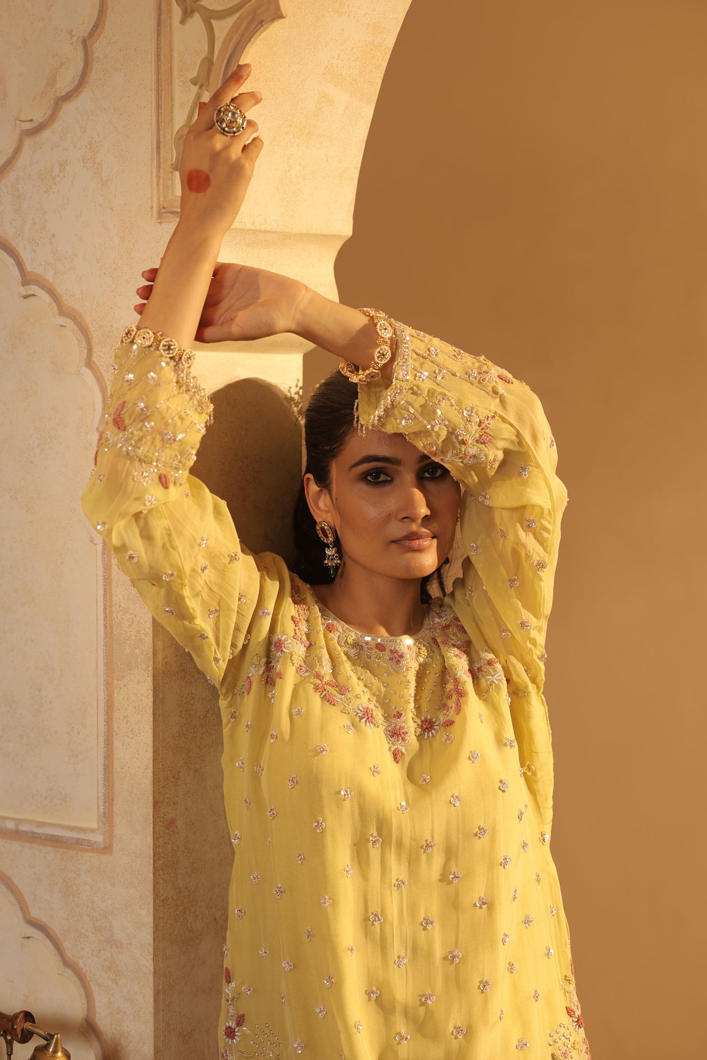 Yellow Motifs Cutdana Sharara Kurti Set