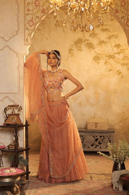 Multicolour Floral Thread Embroidery Lehenga