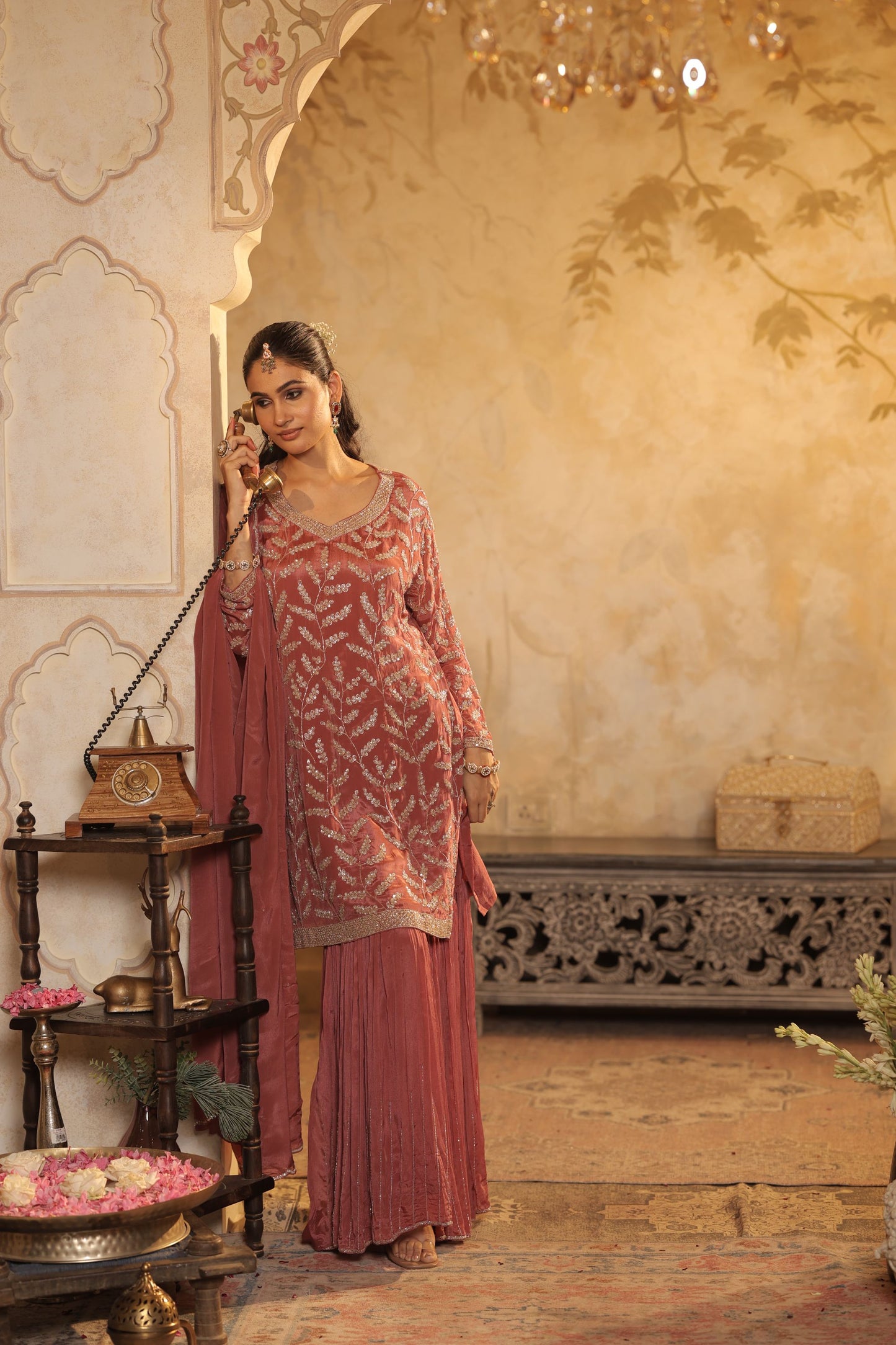 Rust-Colored Kurti Set With Ornate Sleeve