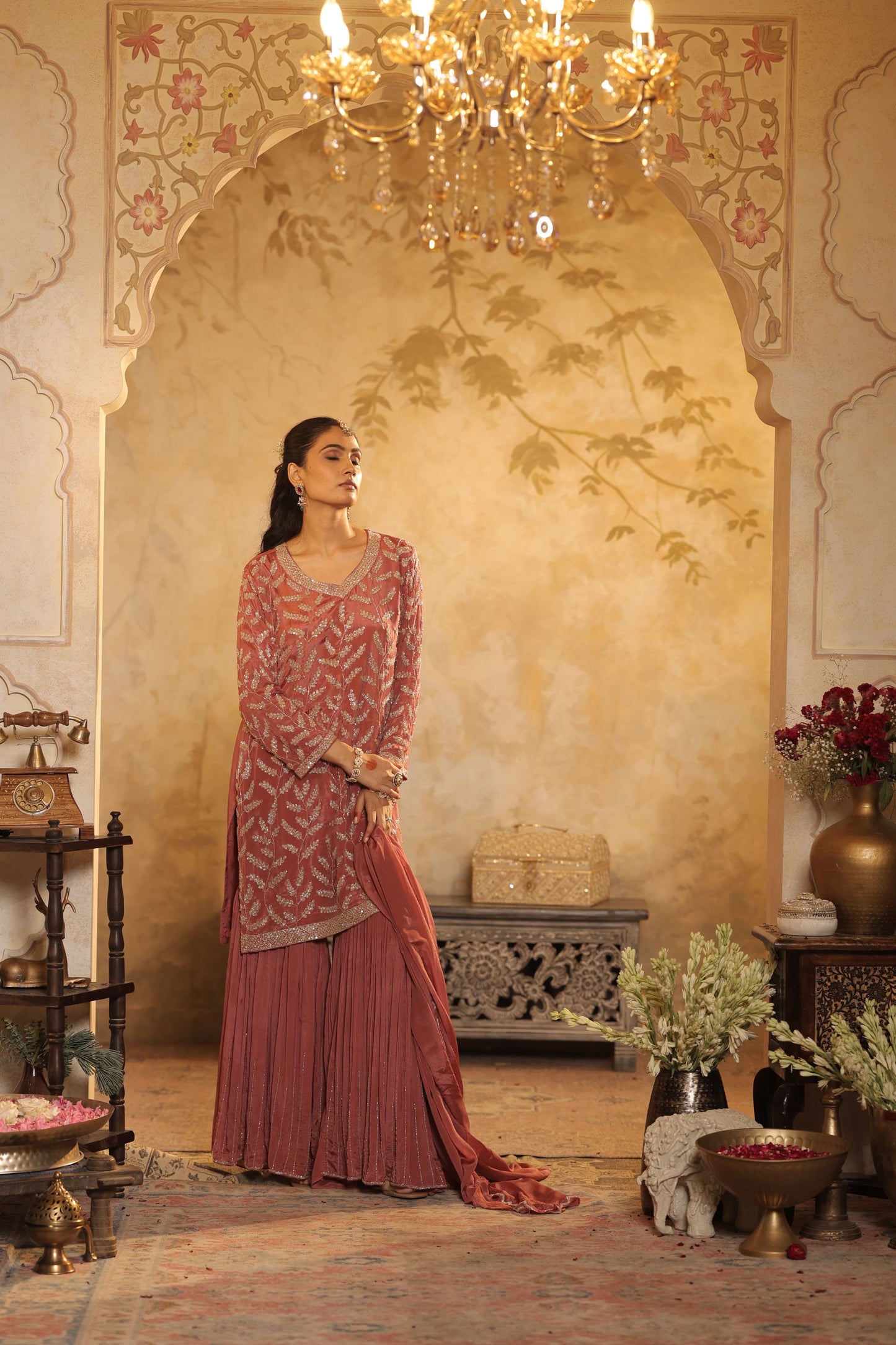 Rust-Colored Kurti Set With Ornate Sleeve