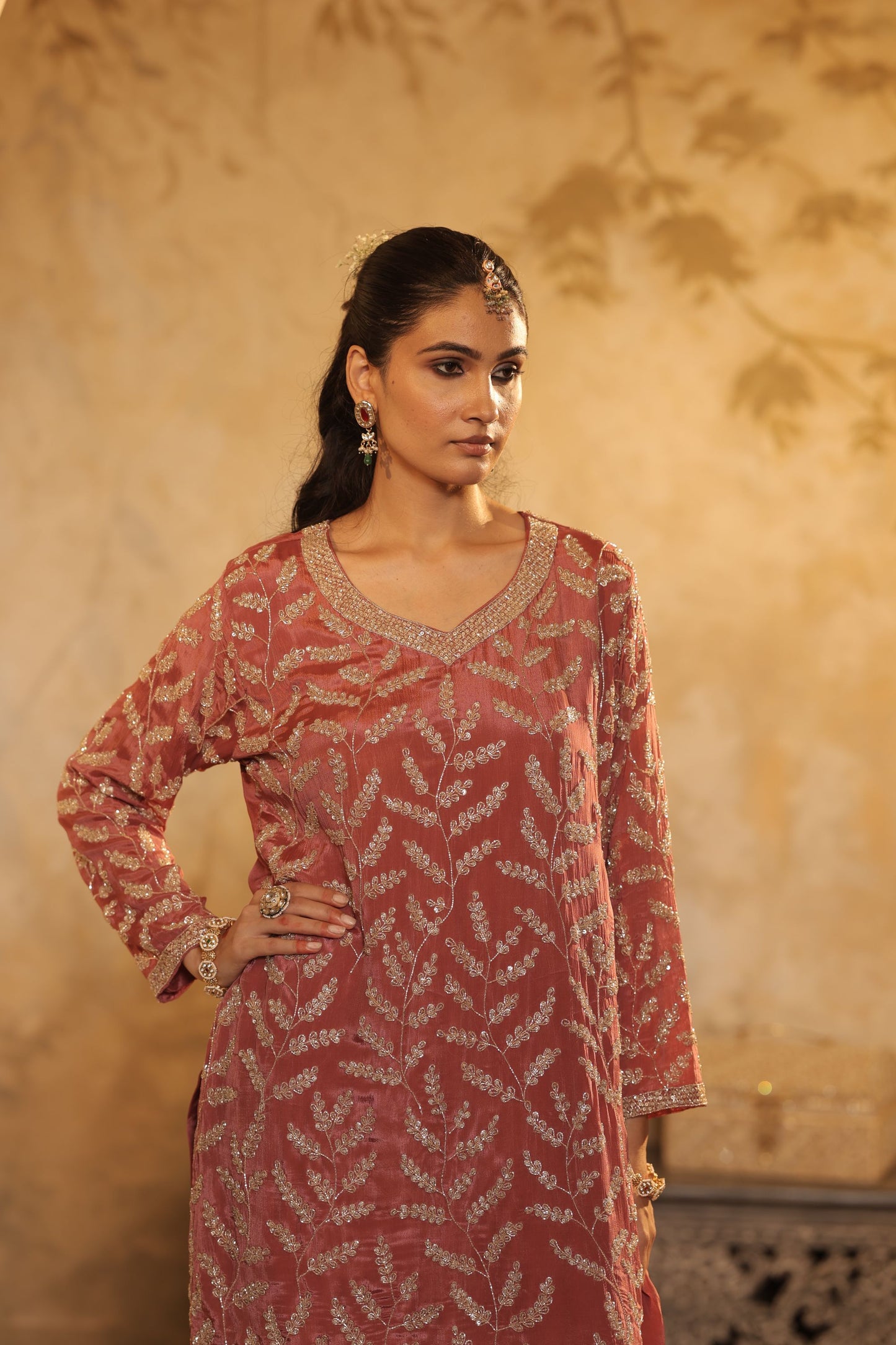 Rust-Colored Kurti Set With Ornate Sleeve