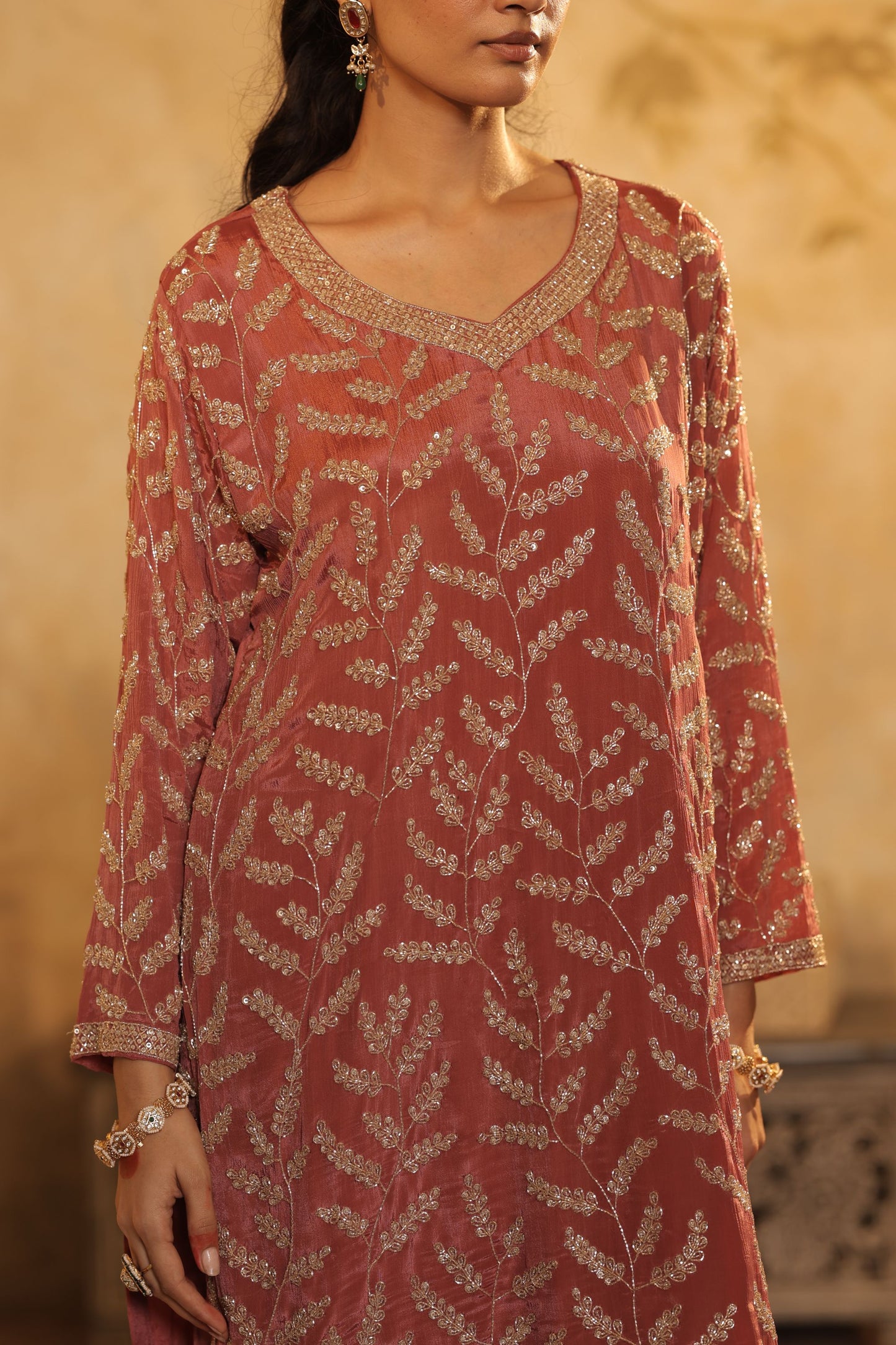Rust-Colored Kurti Set With Ornate Sleeve