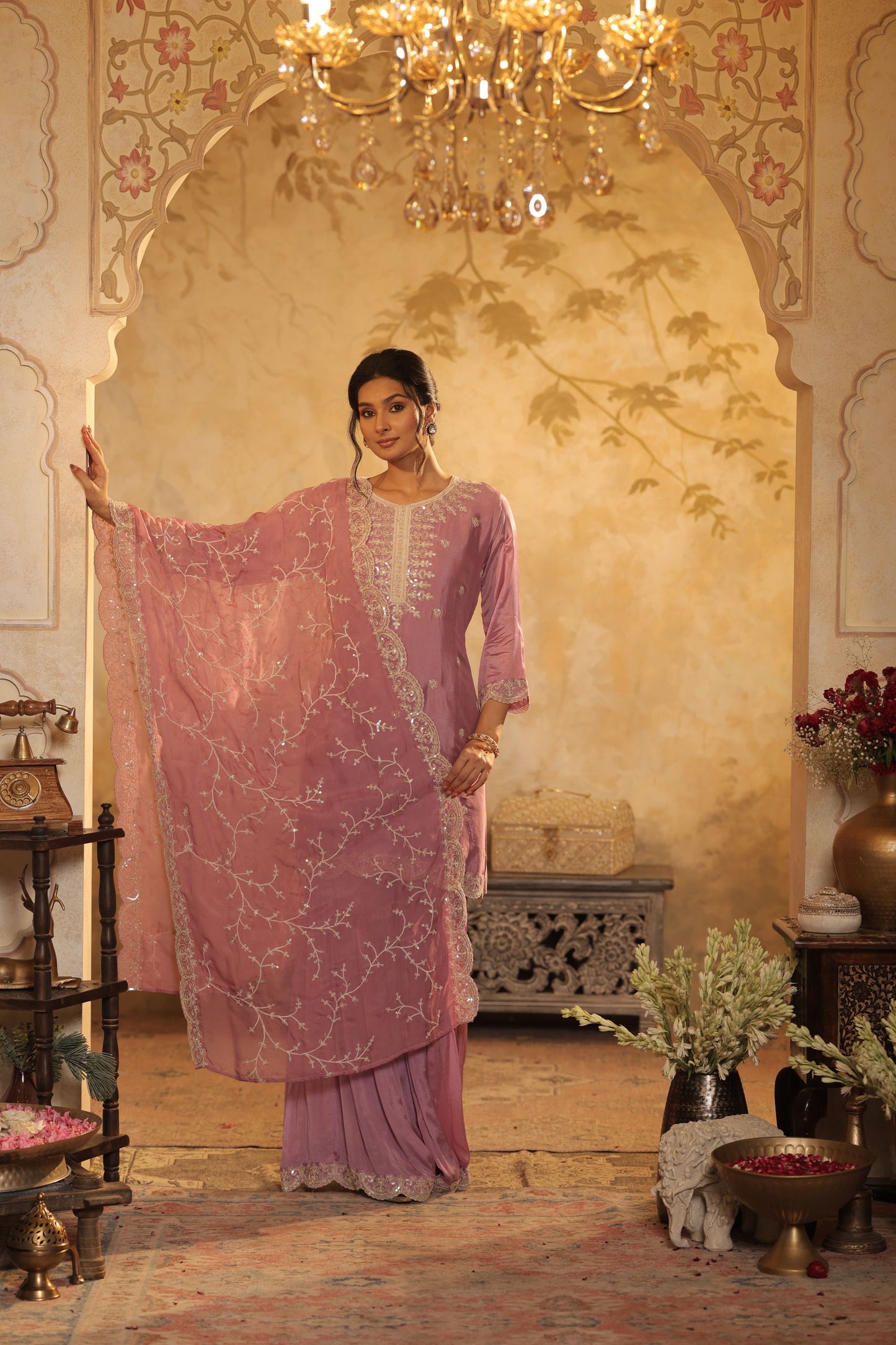 Pastel Mauve Suit Features Delicate Thread And Zari Embroidery With Lace Detailing With Shimmer