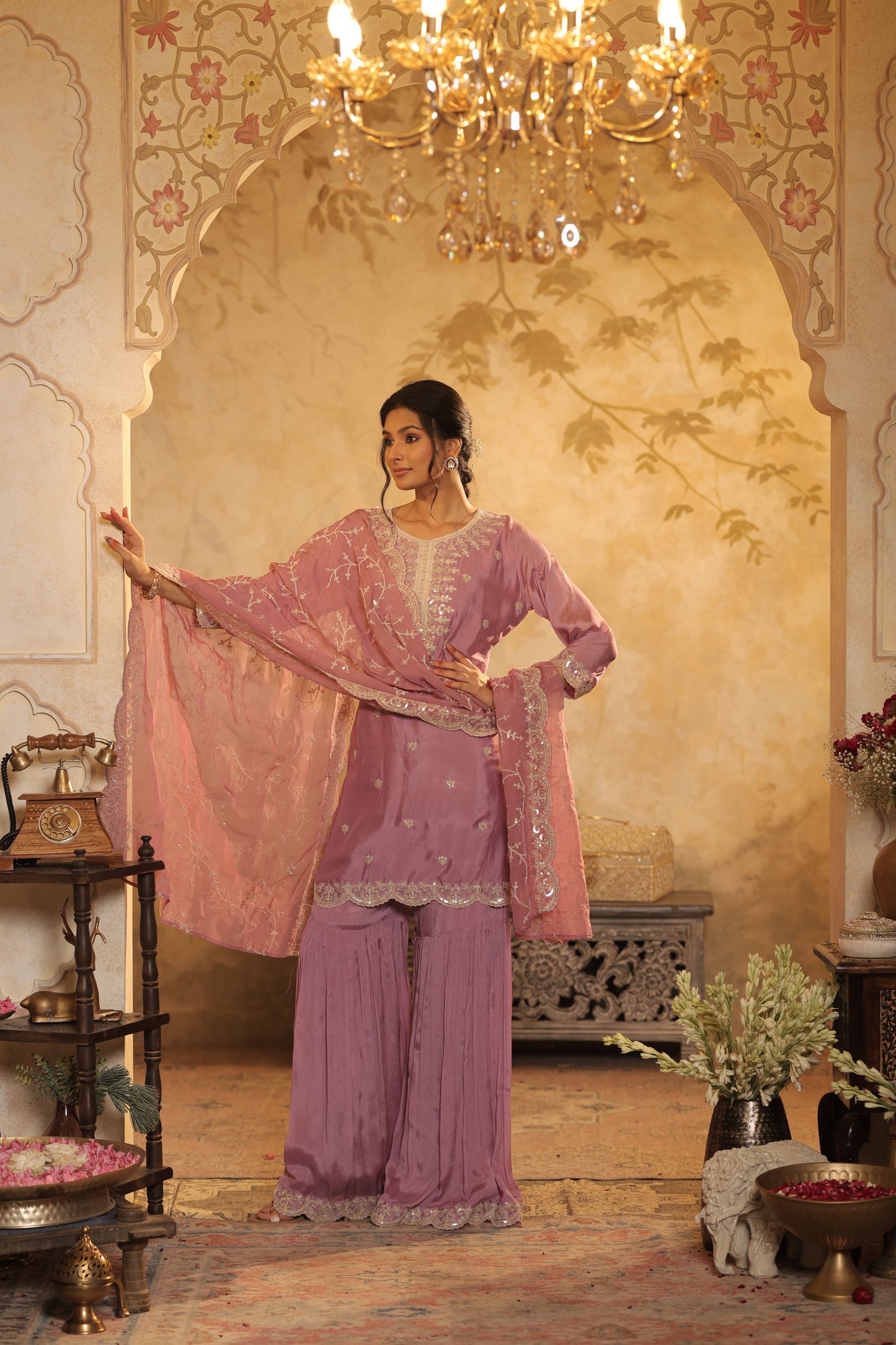 Pastel Mauve Suit Features Delicate Thread And Zari Embroidery With Lace Detailing With Shimmer