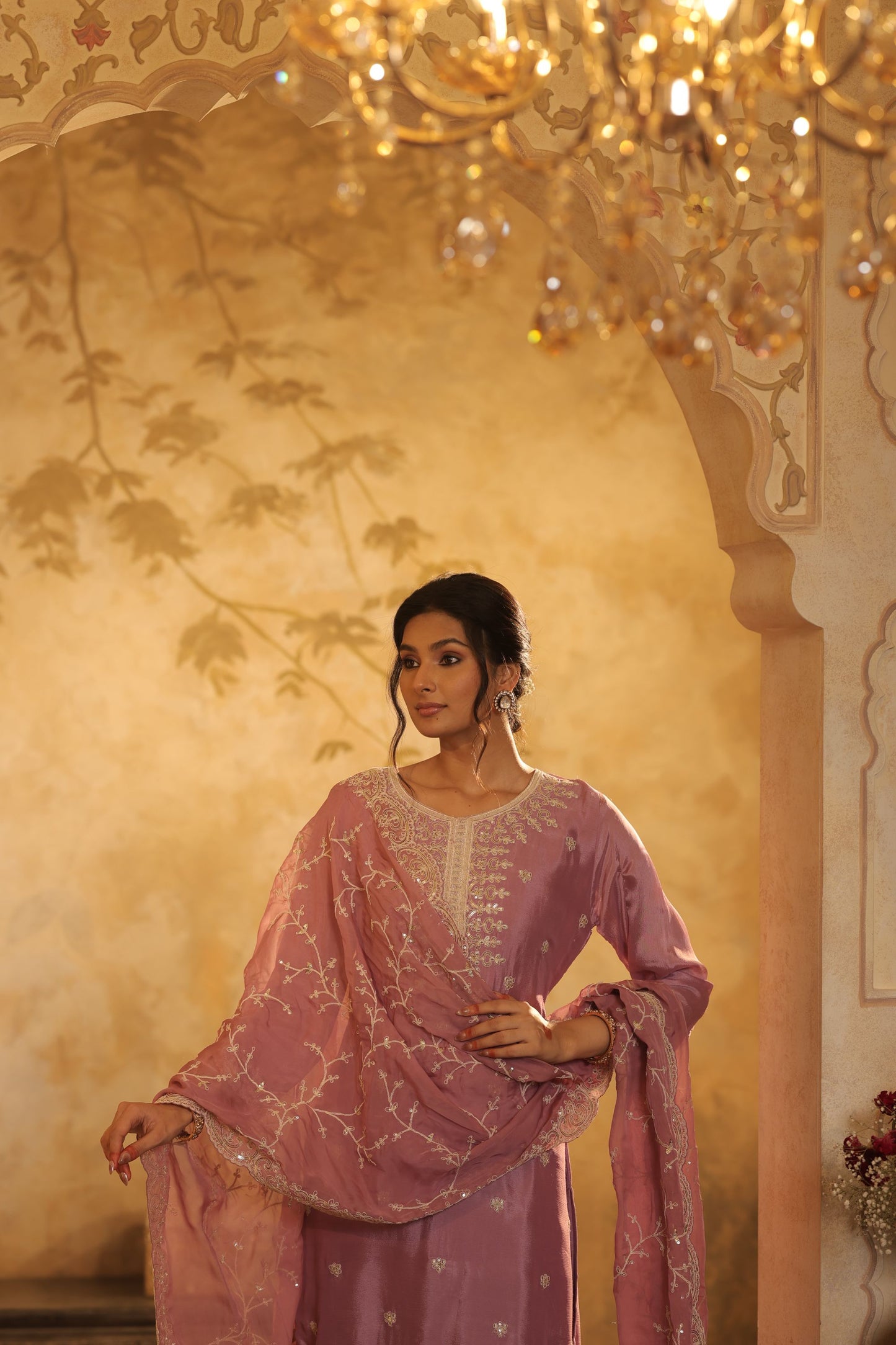 Pastel Mauve Suit Features Delicate Thread And Zari Embroidery With Lace Detailing With Shimmer