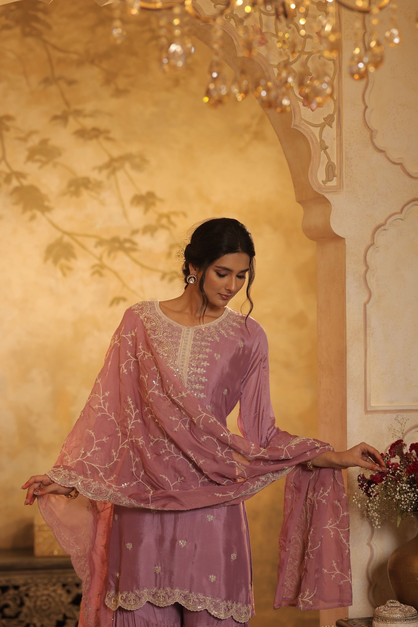 Pastel Mauve Suit Features Delicate Thread And Zari Embroidery With Lace Detailing With Shimmer