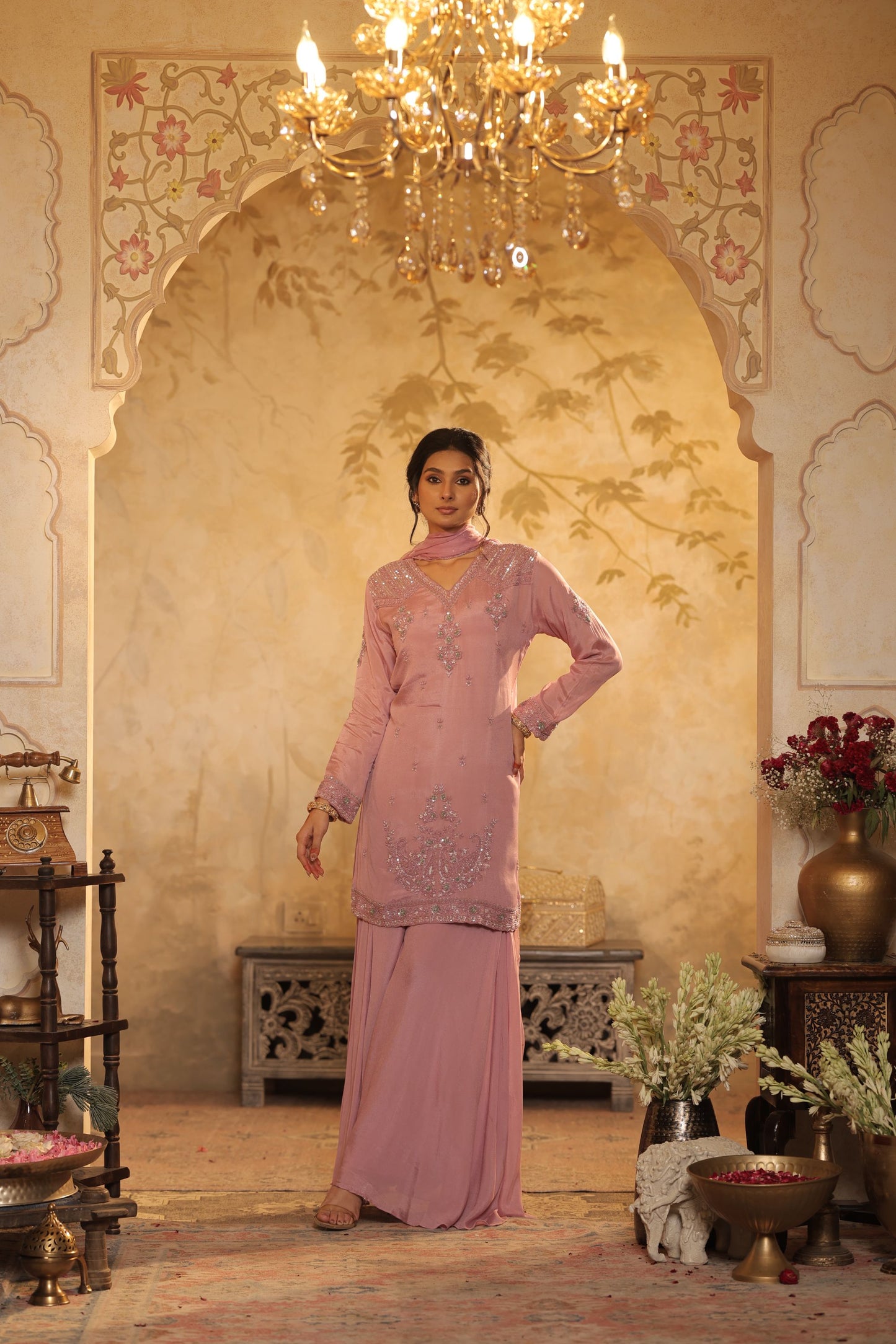 Thread Embroidery Pink Kurti Set