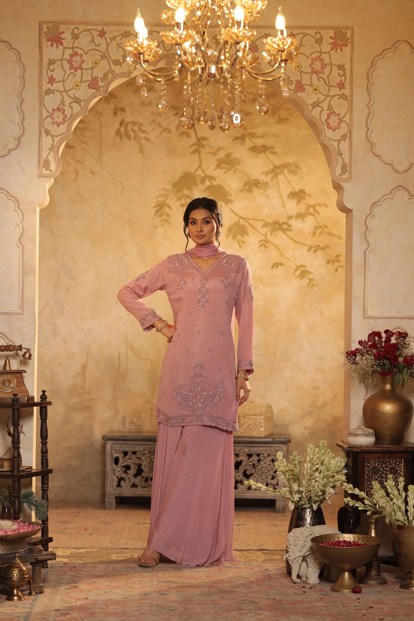 Thread Embroidery Pink Kurti Set