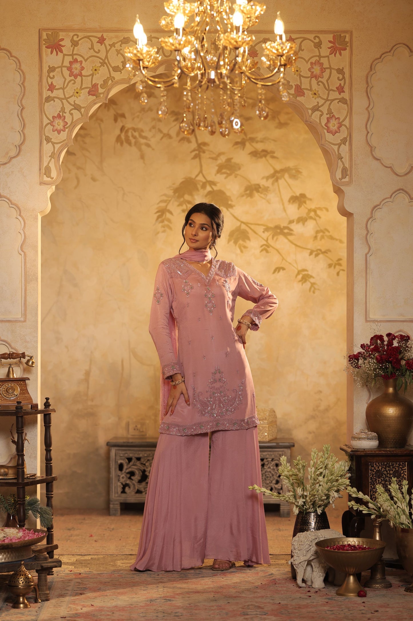Thread Embroidery Pink Kurti Set