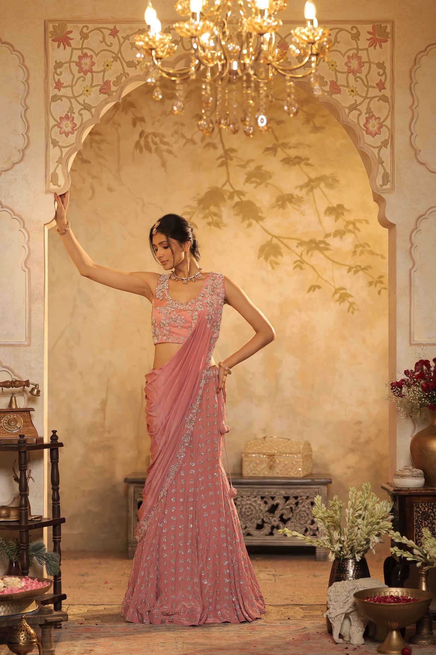 Beads Ready To Wear Pink Saree