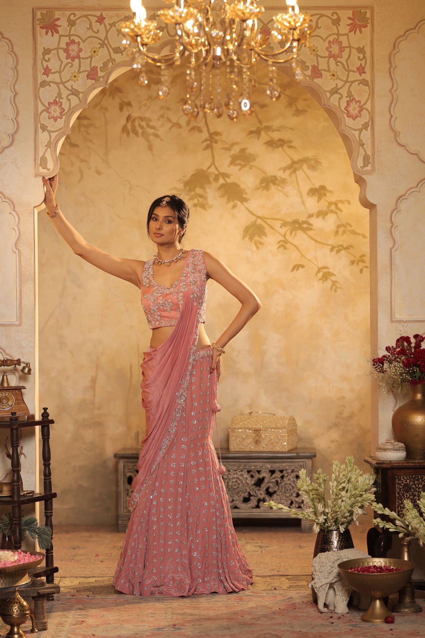 Beads Ready To Wear Pink Saree
