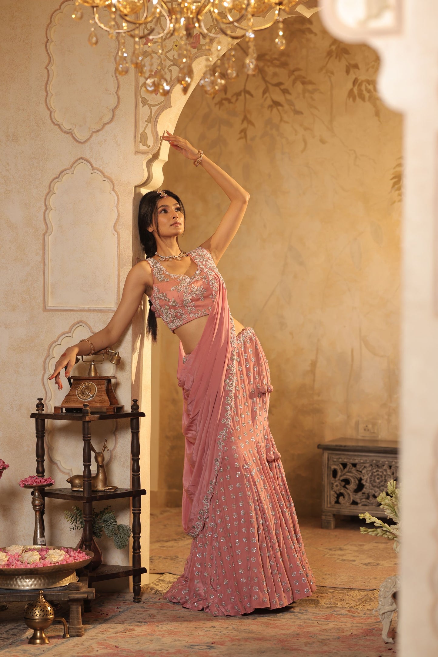 Beads Ready To Wear Pink Saree