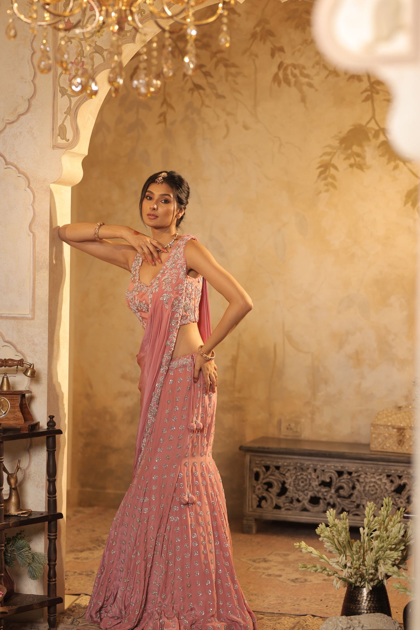 Beads Ready To Wear Pink Saree