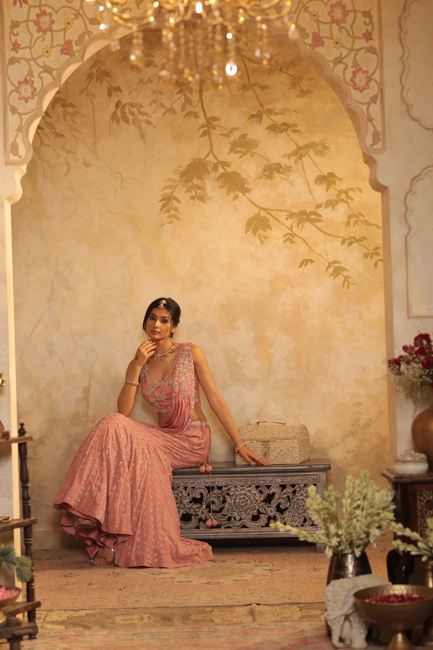 Beads Ready To Wear Pink Saree